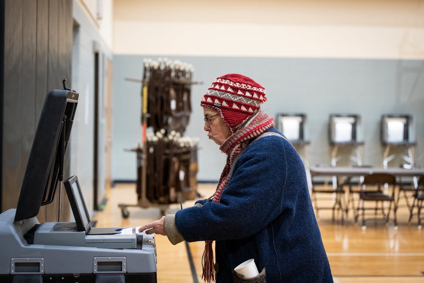 Susan Barksdale inserted her ballot after voting at Martin Luther King Park Recreation Center on Election Day in Ward 8 of Minneapolis, Minn. on Tuesday, Nov. 7, 2023. ] LEILA NAVIDI • leila.navidi@startribune.com