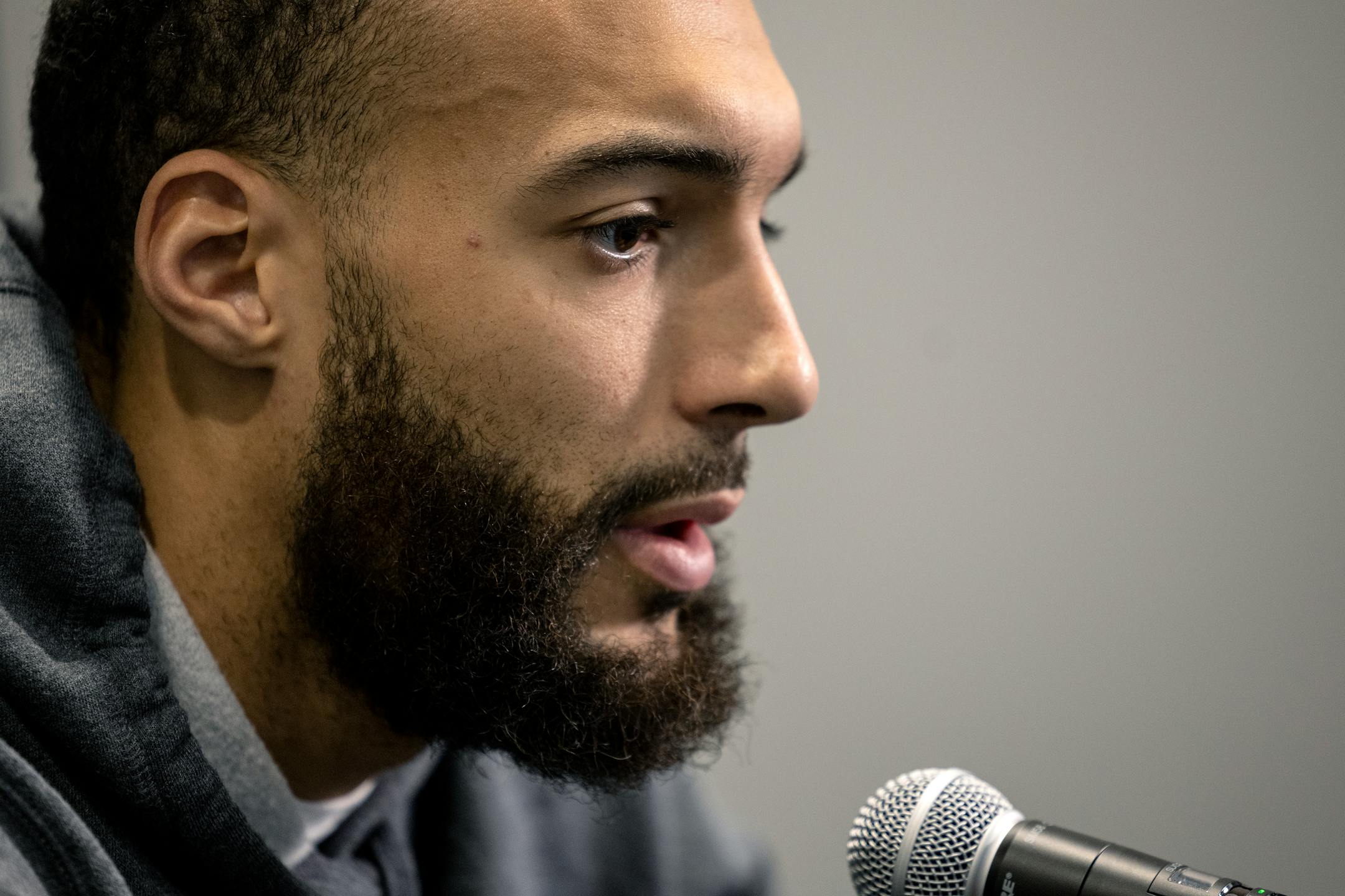 Rudy Gobert of the Minnesota Timberwolves speaks during an end of season press conference.