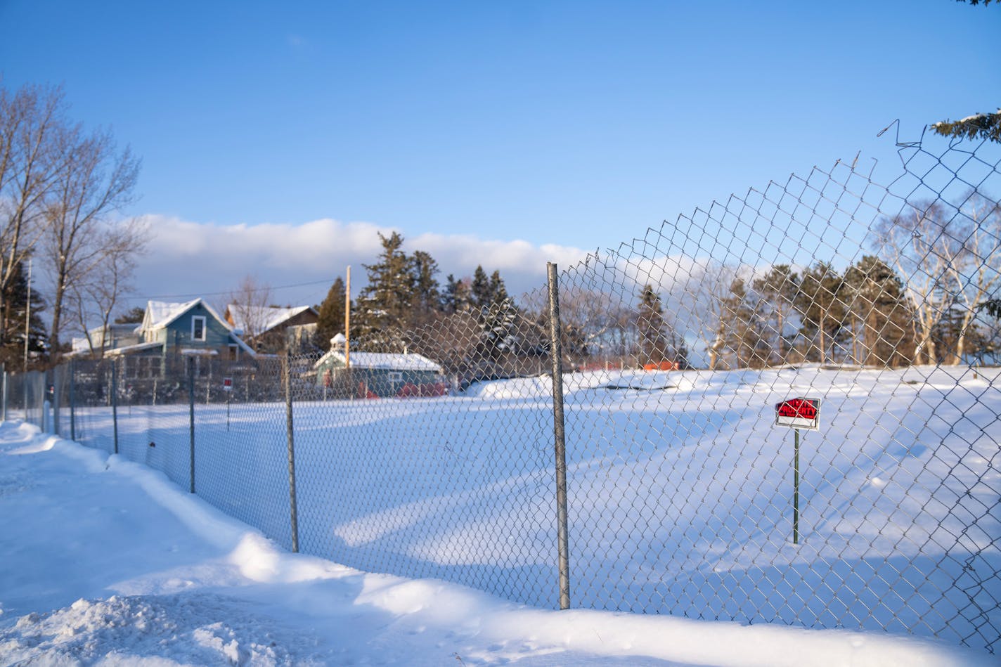 A "Private Property" sign is posted on a plot of land that has been purchased and cleared by the Cargill family Thursday, Jan. 11, 2024, on Park Point in Duluth, Minn.   ]