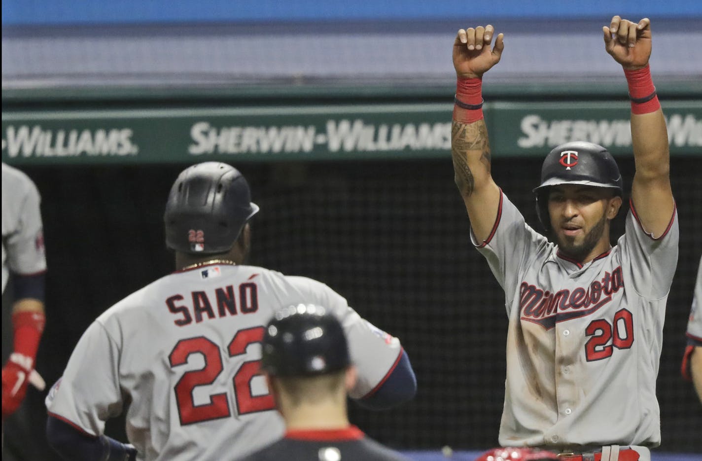 The Twins' Eddie Rosario celebrated as teammate Miguel Sano trotted home after his two-run homer in the sixth inning of a 3-2 victory over the Indians in Cleveland on Monday.