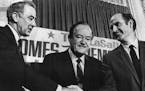 August 28, 1968 SEN. McCARTHY, VICE-PRESIDENT HUMPHREY AND SEN. McGOVERN Together for the first time in months, the three candidates shook hands and s
