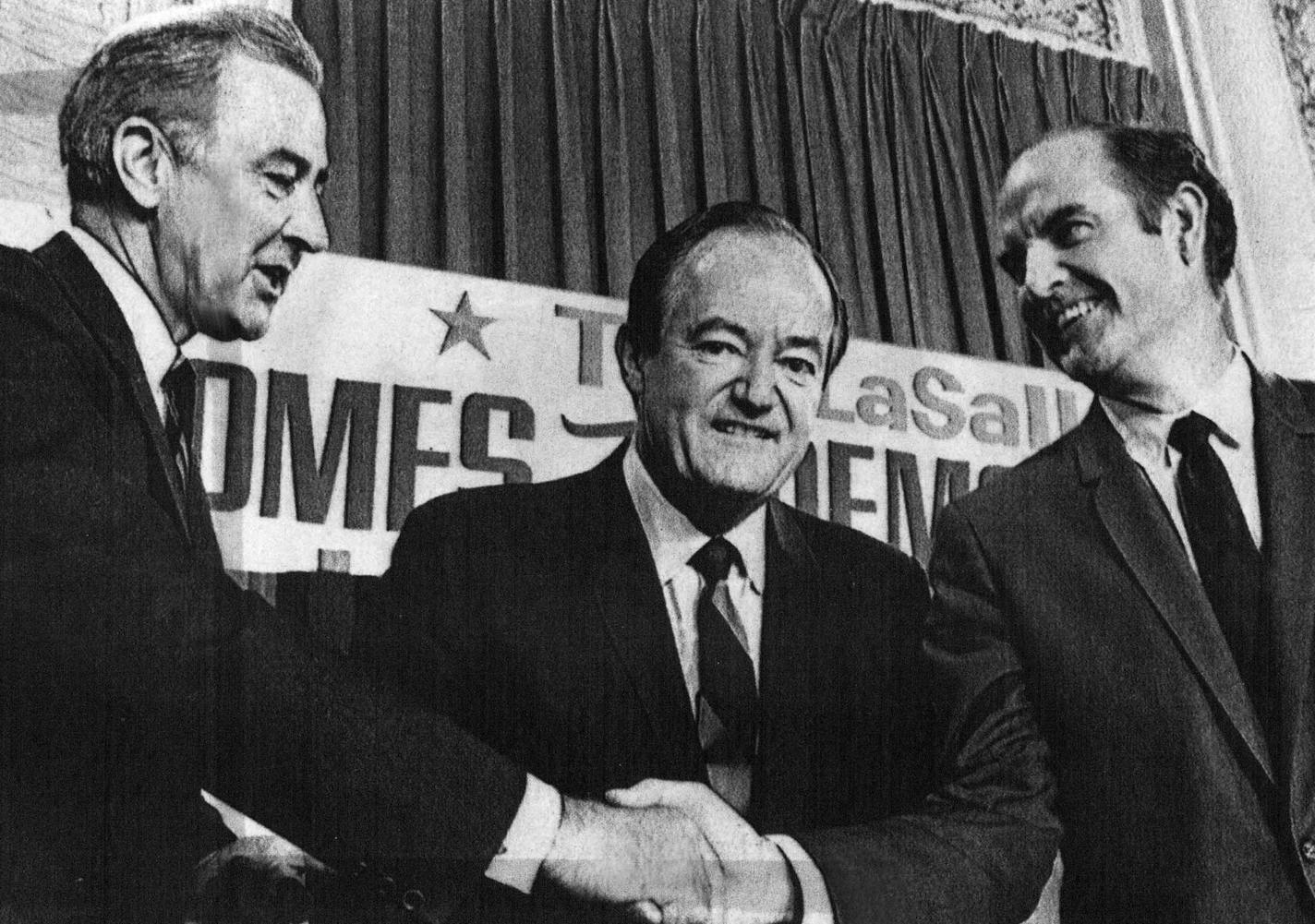 August 28, 1968 SEN. McCARTHY, VICE-PRESIDENT HUMPHREY AND SEN. McGOVERN Together for the first time in months, the three candidates shook hands and smiled There was a dream-like quality to the great debate Tuesday. Hubert Humphrey, Eugene McCarthy and George McGovern talked at each other for an hour-and-a-half yesterday on a stage in front of the California delegation, trying to win new support for their presidential candidacies. It was the first time since the campaign started that they have a