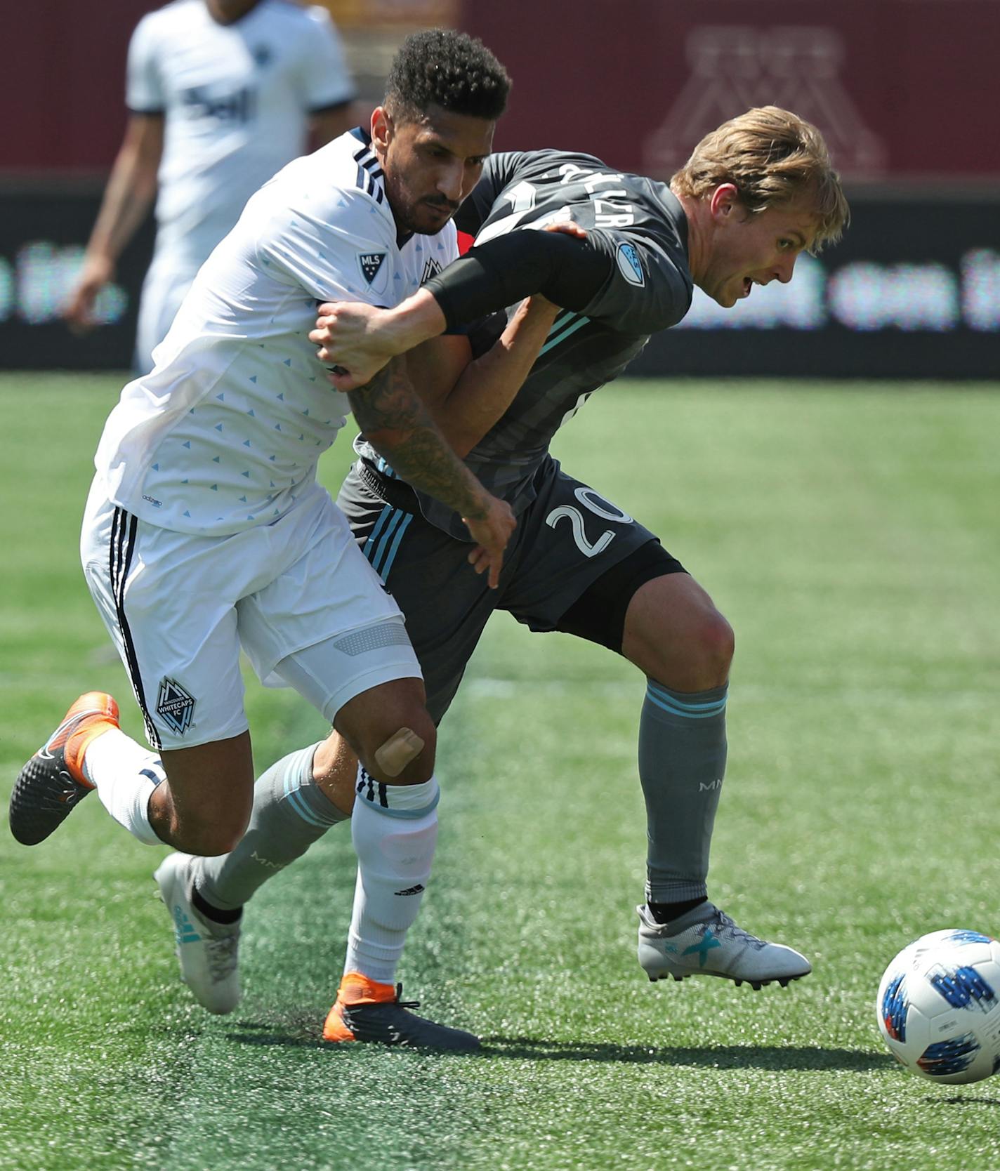 MN United player Rasmus Schuler is tackled by Sean Franklin from Vancouver in the first half. ] Shari L. Gross &#xef; shari.gross@startribune.com Minnesota United hosted Minnesota Vancouver in a Major League Soccer matchup on Saturday, May 5, 2018 at TCF Bank Stadium in Minneapolis.