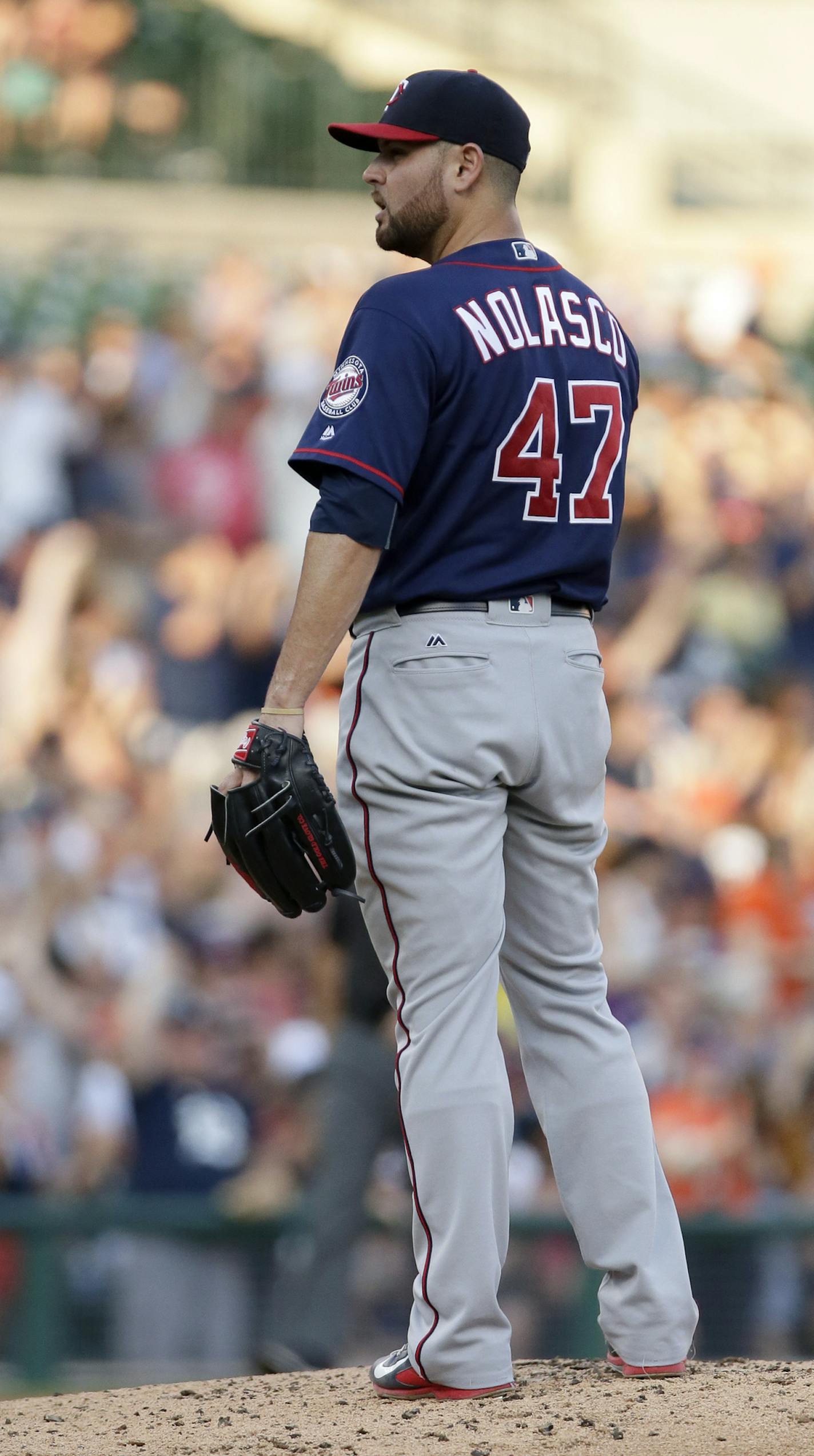 Minnesota Twins' Ricky Nolasco (47) stands on the mound after giving up a solo home run to Detroit Tigers' Justin Upton during the second inning of a baseball game Monday, July 18, 2016, in Detroit. The Tigers defeated the Twins 1-0. (AP Photo/Duane Burleson)