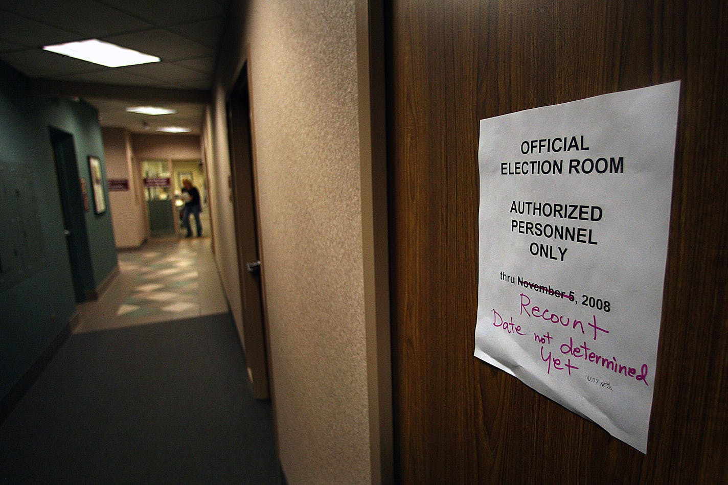 A sign was posted on a door to a room at St. Louis Park City Hall, which, according to city clerk Nancy Stroth, holds contained ballots from the recent election. The ballots will be recounted at a date to be determined.