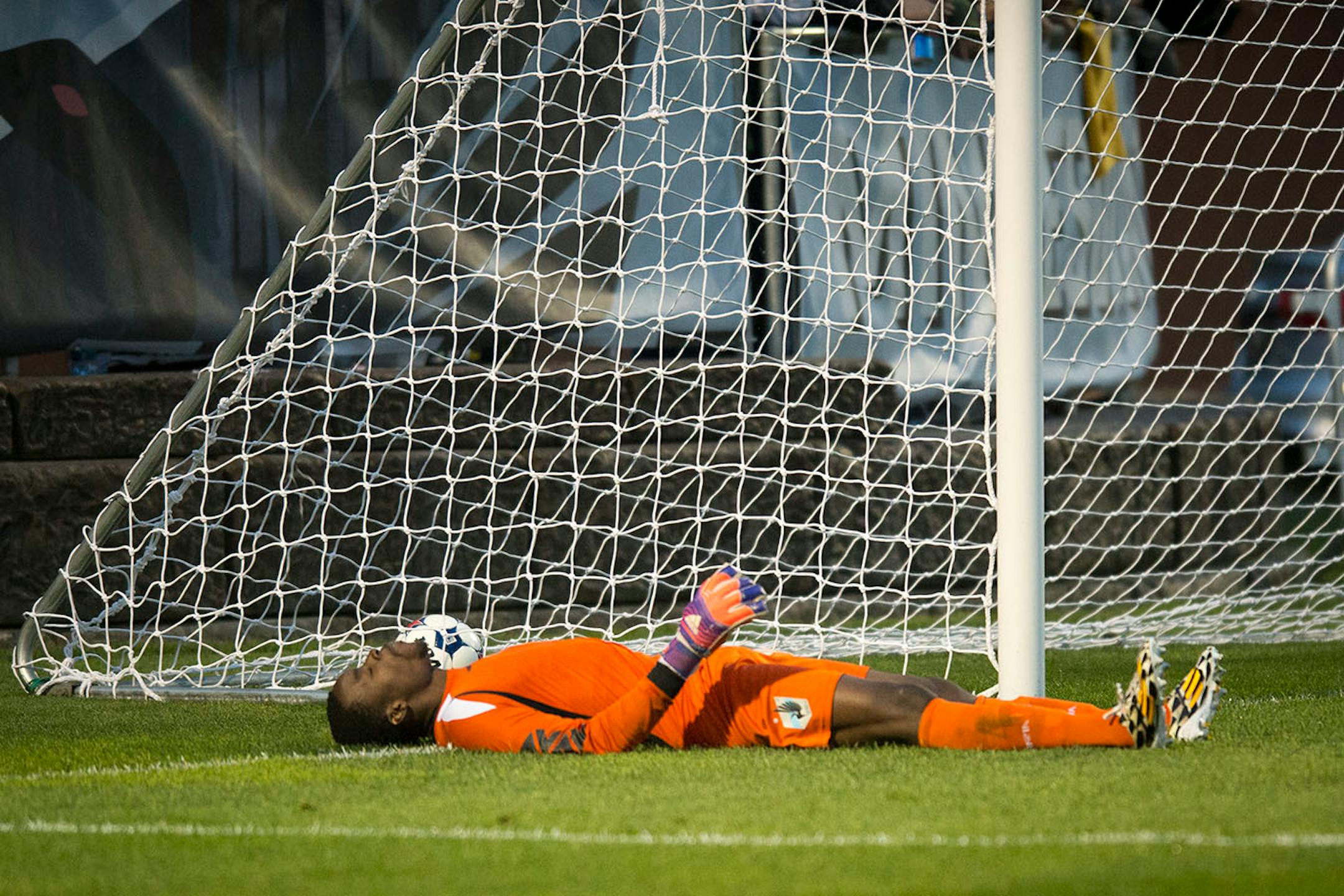 Minnesota United FC goalkeeper Sammy Ndjock was dejected after allowing a goal by Jacksonville Armada FC's Jemal Johnson in the second half. ] Aaron Lavinsky • aaron.lavinsky@startribune.com Minnesota United FC played Jacksonville on Saturday, May 23, 2015 at the National Sports Center in Blaine.