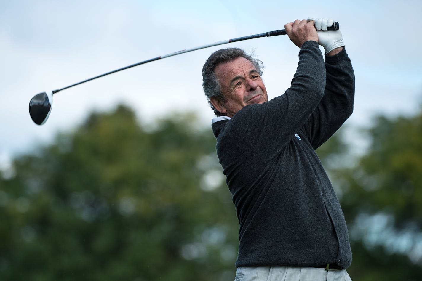 Europe's Tony Jacklin followed through with his drive at the third hole Thursday during the Ryder Cup Captains Match at Hazeltine. ] (AARON LAVINSKY/STAR TRIBUNE) aaron.lavinsky@startribune.com Team USA and Team Europe practiced for the Ryder Cup at Hazeltine National Golf Club on Thursday, Sept. 29, 2016 in Chaska, Minn. The Ryder Cup Captains match was held Thursday morning and the opening ceremonies were held later in the afternoon.