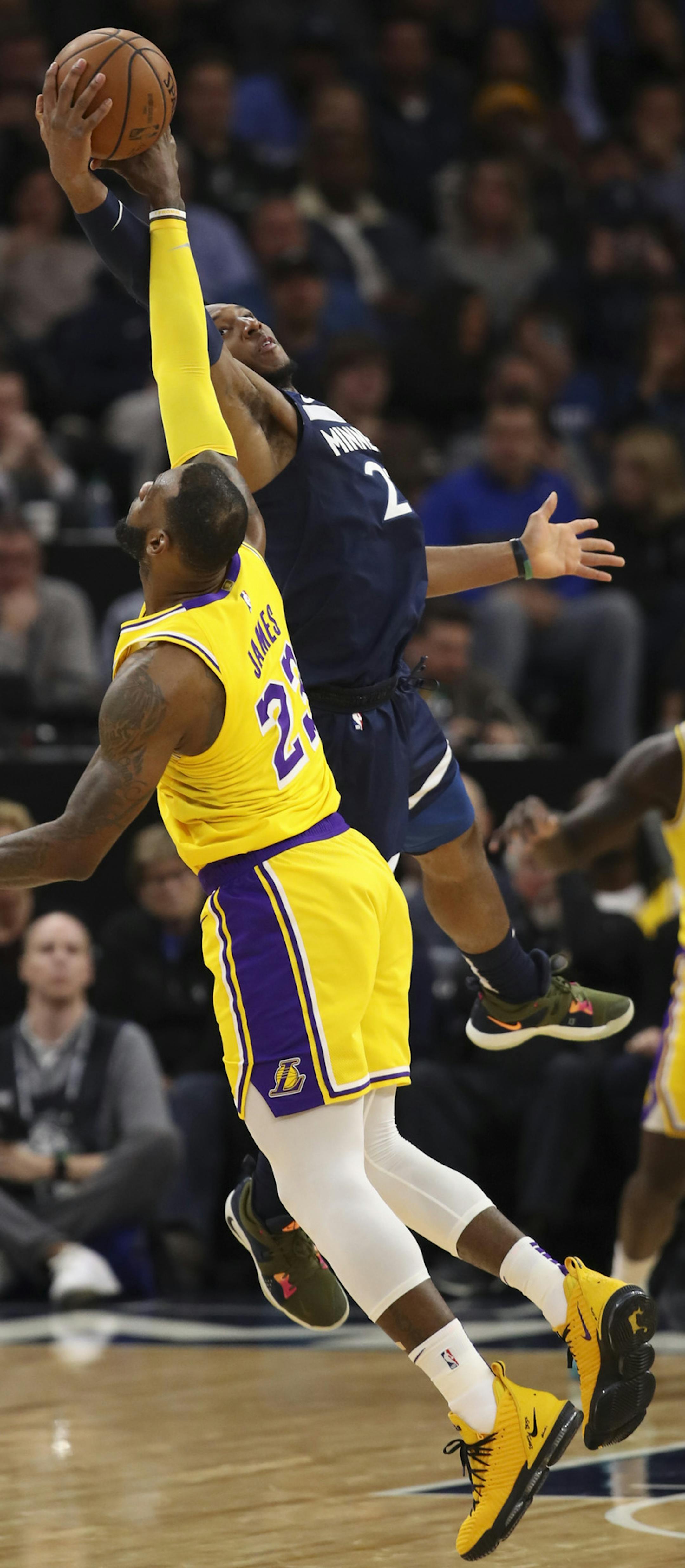 Los Angeles Lakers forward LeBron James (23) drew a foul when vying for the ball with Minnesota Timberwolves guard Josh Okogie (20) in the third quarter. ] JEFF WHEELER ï jeff.wheeler@startribune.com The Minnesota Timberwolves beat the Los Angeles Lakers 124-120 in an NBA basketball game Monday night, October 29, 2018 at Target Center in Minneapolis.