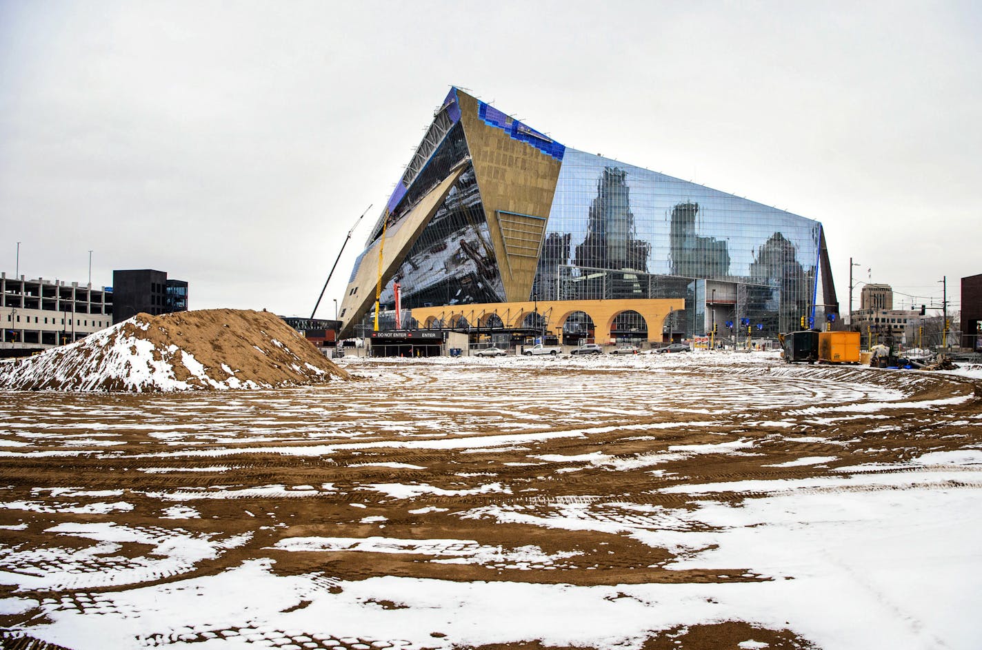 US Bank Stadium where the Minnesota Vikings will play in six months. ] GLEN STUBBE * gstubbe@startribune.com Monday, February 15, 2016 With a stadium six months from its first game, the Vikings are still scrambling to locate tailgating space near their gridiron edifice. Eds. The Star Tribune used to stand here at 425 Portland