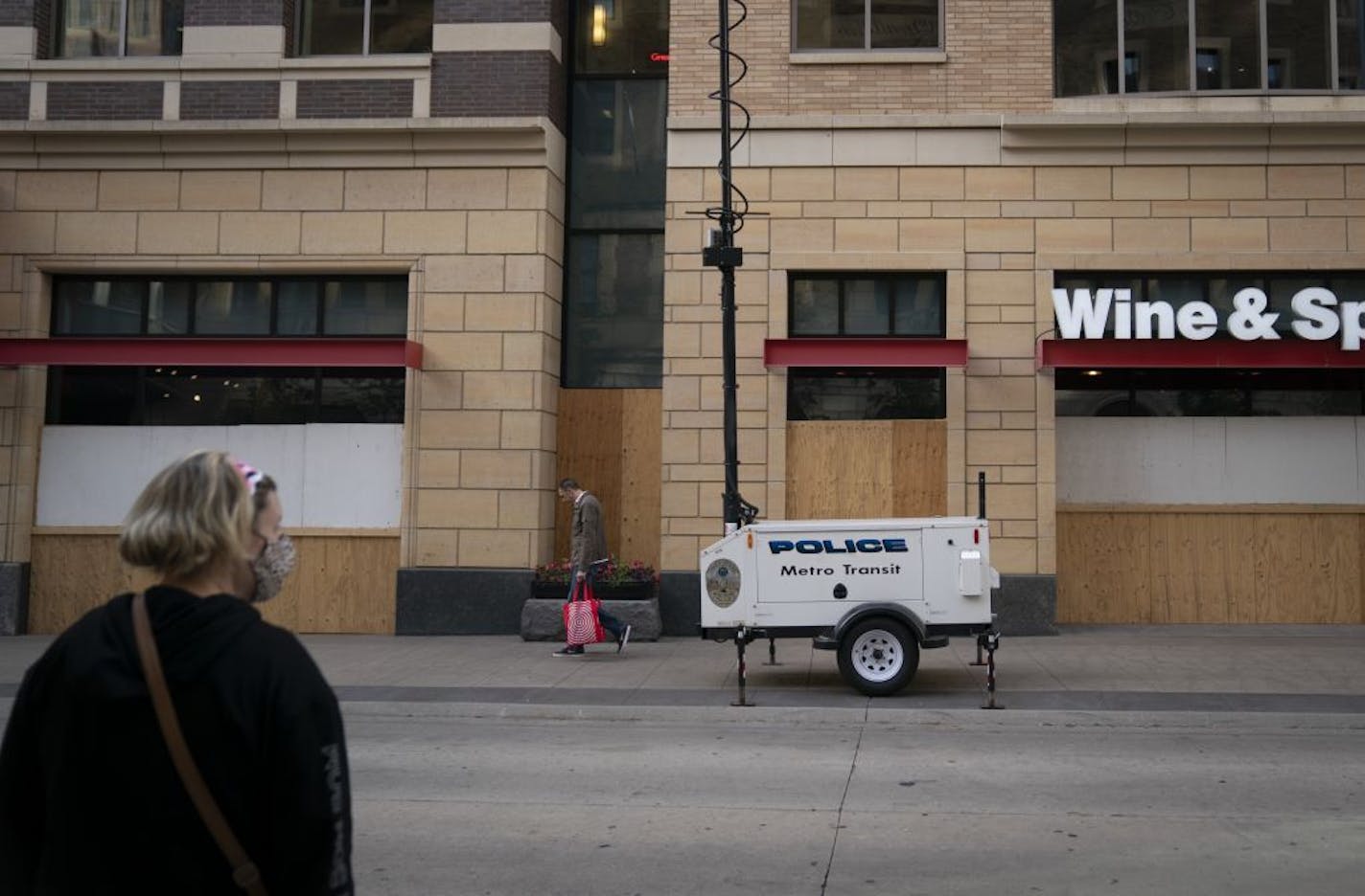 Police shot spotters are spread out around Nicollet Mall in downtown Minneapolis, Minn., on Friday, October 2, 2020.