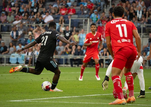Bongokuhle Hlongwane, left, scored for Minnesota United against Toluca FC in a Leagues Cup match Aug. 8 at Allianz Field.