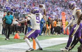 Vikings wide receiver Trishton Jackson (9) celebrates a two-point conversion in the third quarter at Mercedes-Benz Stadium in Atlanta, Georgia, on Fri