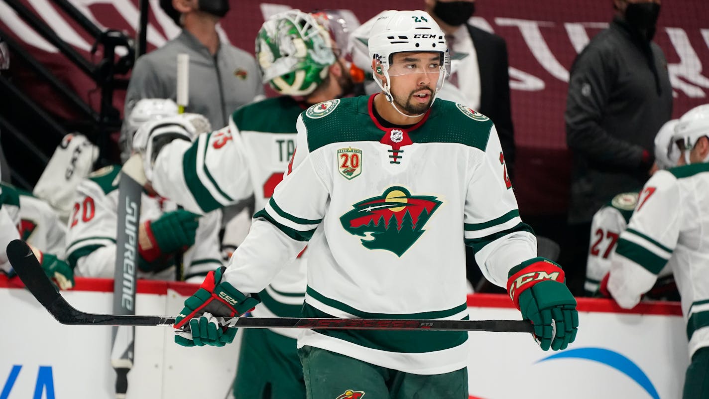 Minnesota Wild defenseman Matt Dumba (24) in the first period of an NHL hockey game Thursday, March 18, 2021, in Denver. (AP Photo/David Zalubowski)