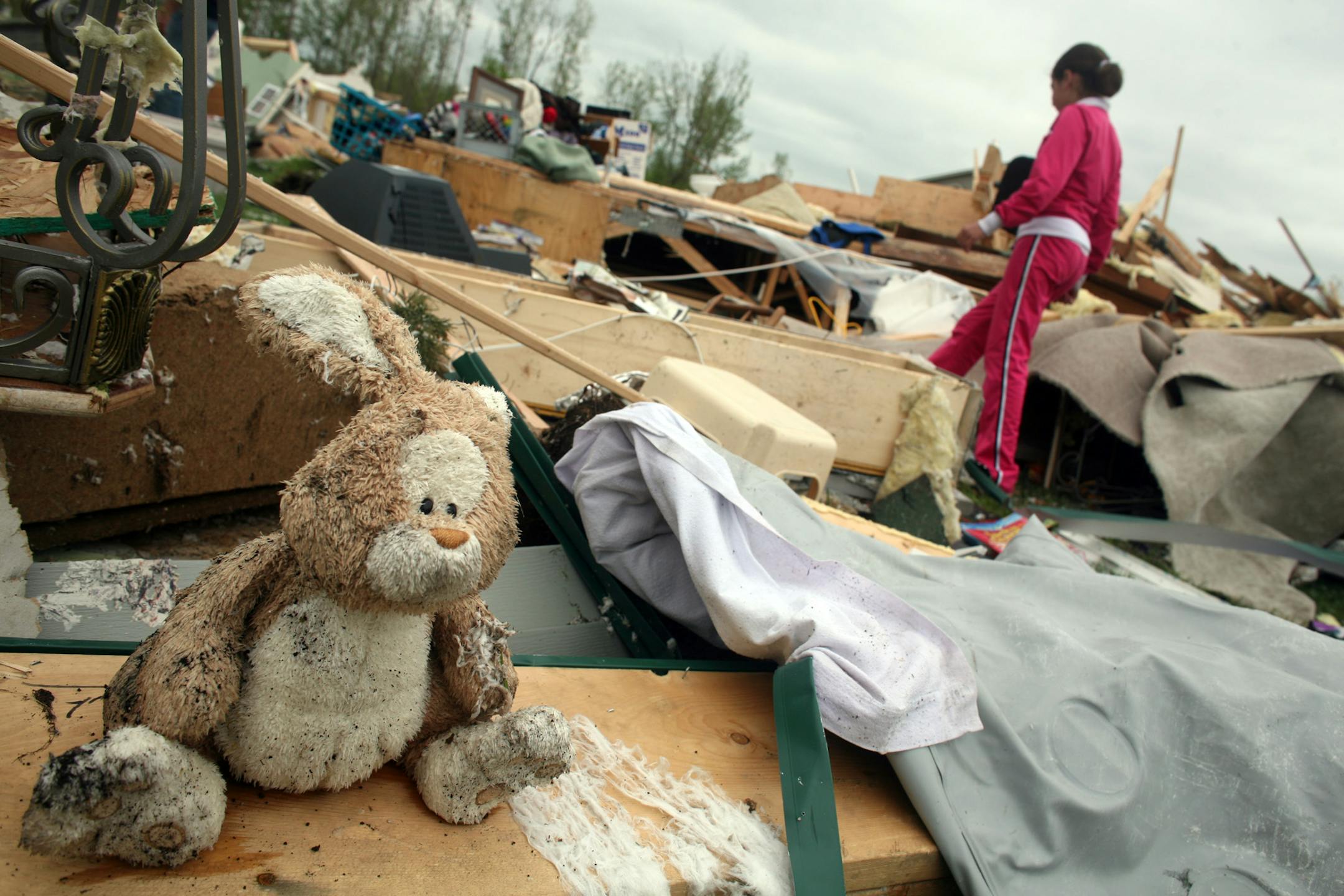A stuffed animal remained in the rubble of the Baldwin-Linders home. Laura Baldwin-Linders, her daughter and husband crawled out of the debris with only scratches and bruises.