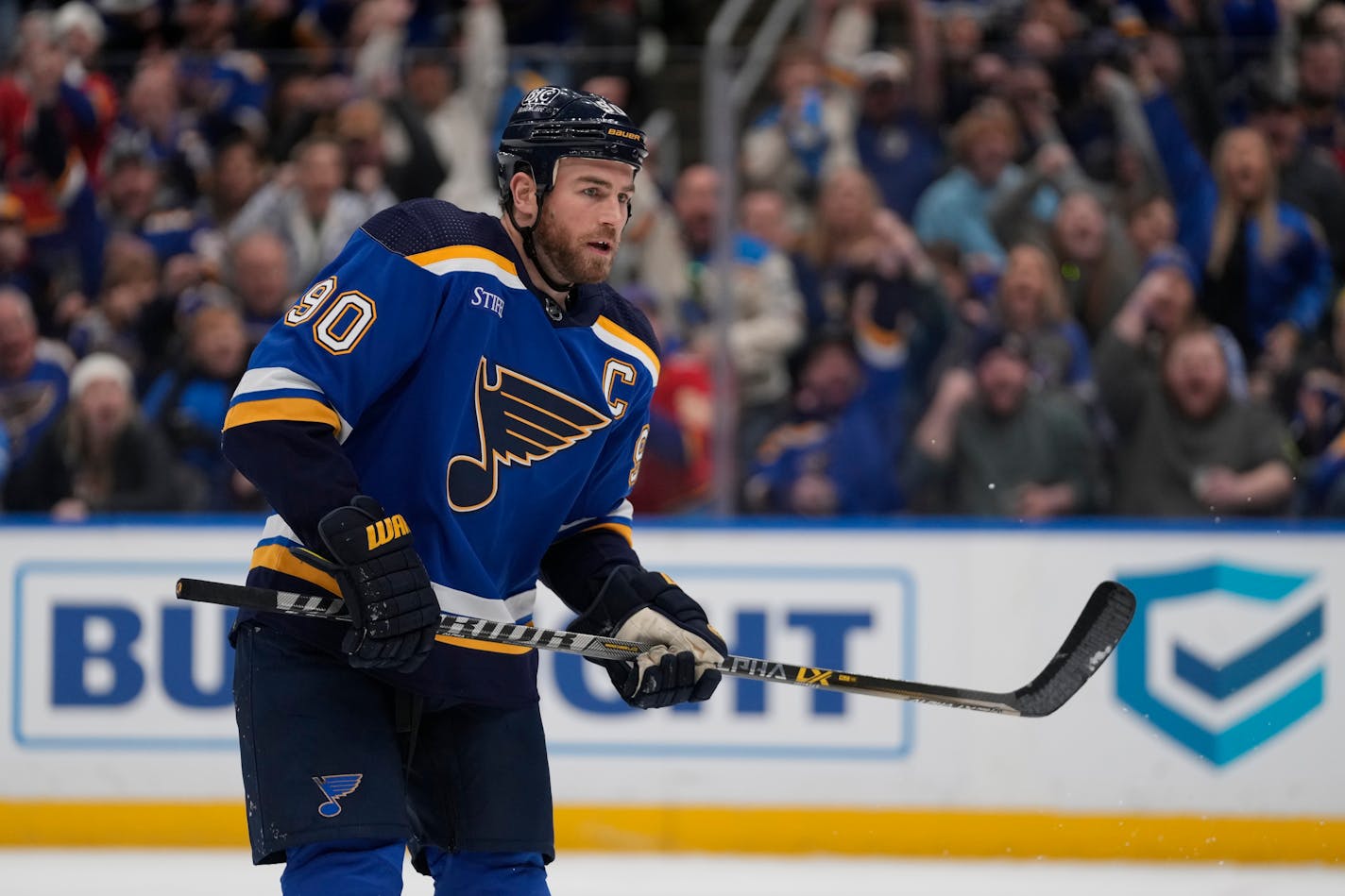 St. Louis Blues' Ryan O'Reilly reacts after scoring during the second period of an NHL hockey game against the Toronto Maple Leafs Tuesday, Dec. 27, 2022, in St. Louis. (AP Photo/Jeff Roberson)