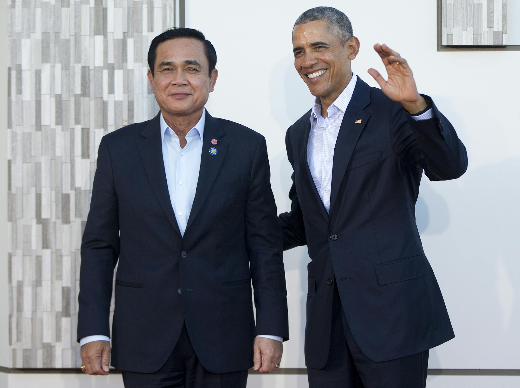 President Barack Obama with Thailand Prime Minister Prayuth Chan-ocha, left, as he host a meeting of ASEAN, the 10-nation Association of Southeast Asian Nations, at the Annenberg Retreat at Sunnylands in Rancho Mirage, Calif., Monday, Feb. 15, 2016. Obama and the leaders of the Southeast Asian Nations are gathering in Southern California for an unprecedented two days of talks on economic and security issues and on forging deeper ties amid China's assertive presence in the region. (AP Photo/Pablo