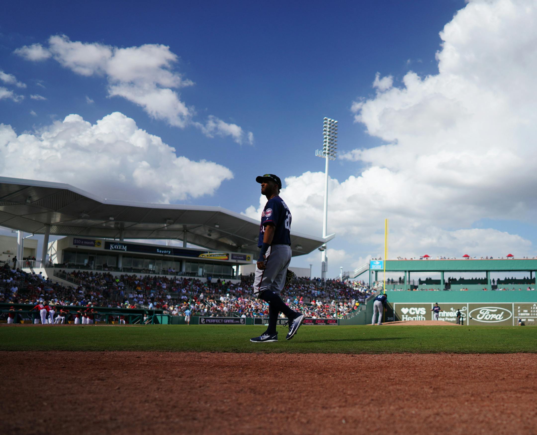 Twins outfielder Eddie Rosario (20) made his way onto the field between innings. ] MARK VANCLEAVE &#xef; mark.vancleave@startribune.com * The Minnesota Twins played the Boston Red Sox at JetBlue Park in Fort Myers, Florida on Friday, Feb. 23, 2018.