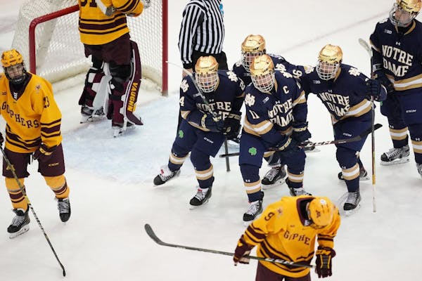 The Notre Dame Fighting Irish celebrated after defenseman Spencer Stastney (24) scored a goal in the third period.