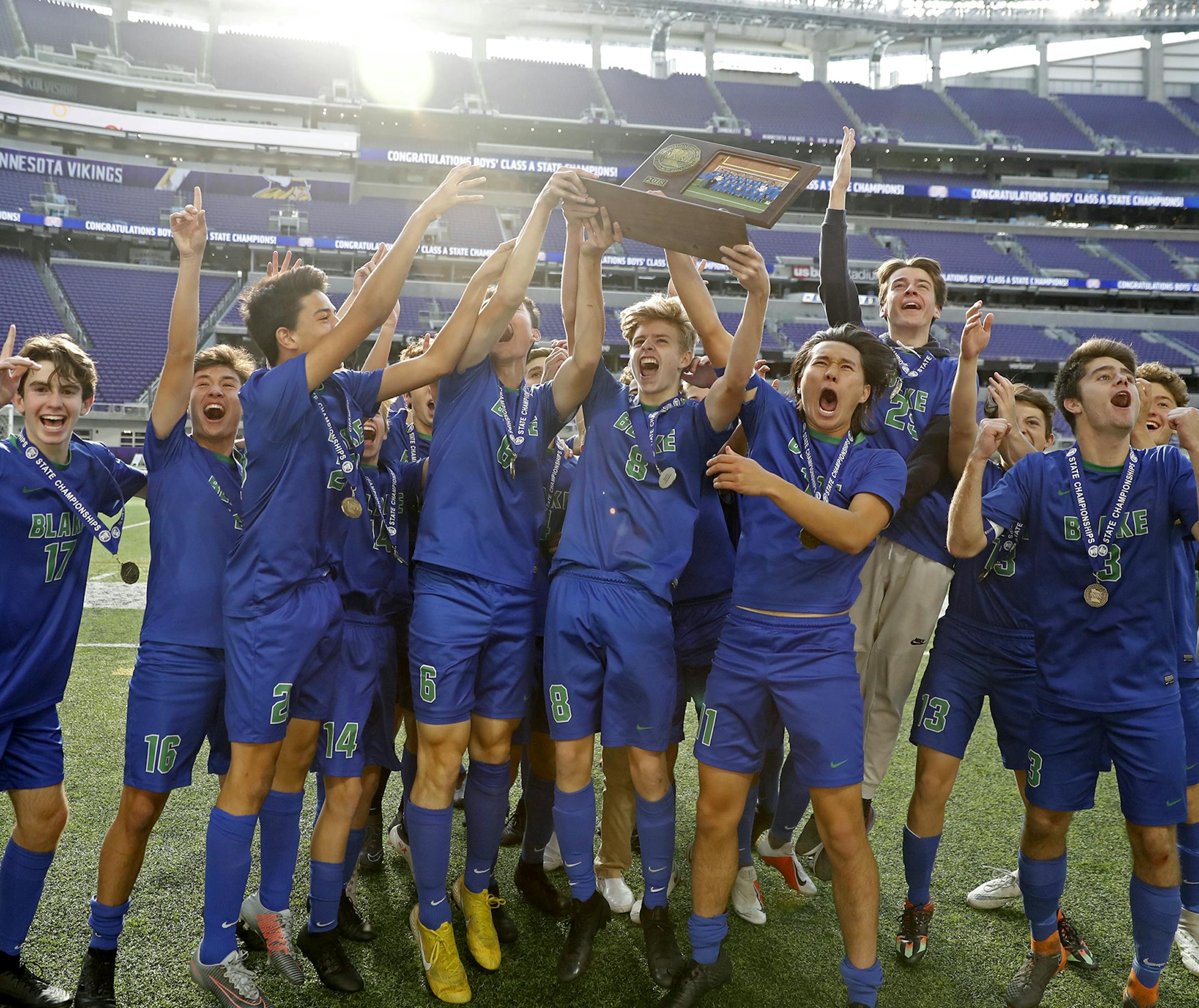 Blake School players celebrate their win over Bemidji High School. ] LEILA NAVIDI • leila.navidi@startribune.com BACKGROUND INFORMATION: Blake School plays against Bemidji High School in the Class A Boys Soccer State Championship game at U.S. Bank Stadium in Minneapolis on Friday, November 2, 2018. Blake School won 1-0 in overtime.