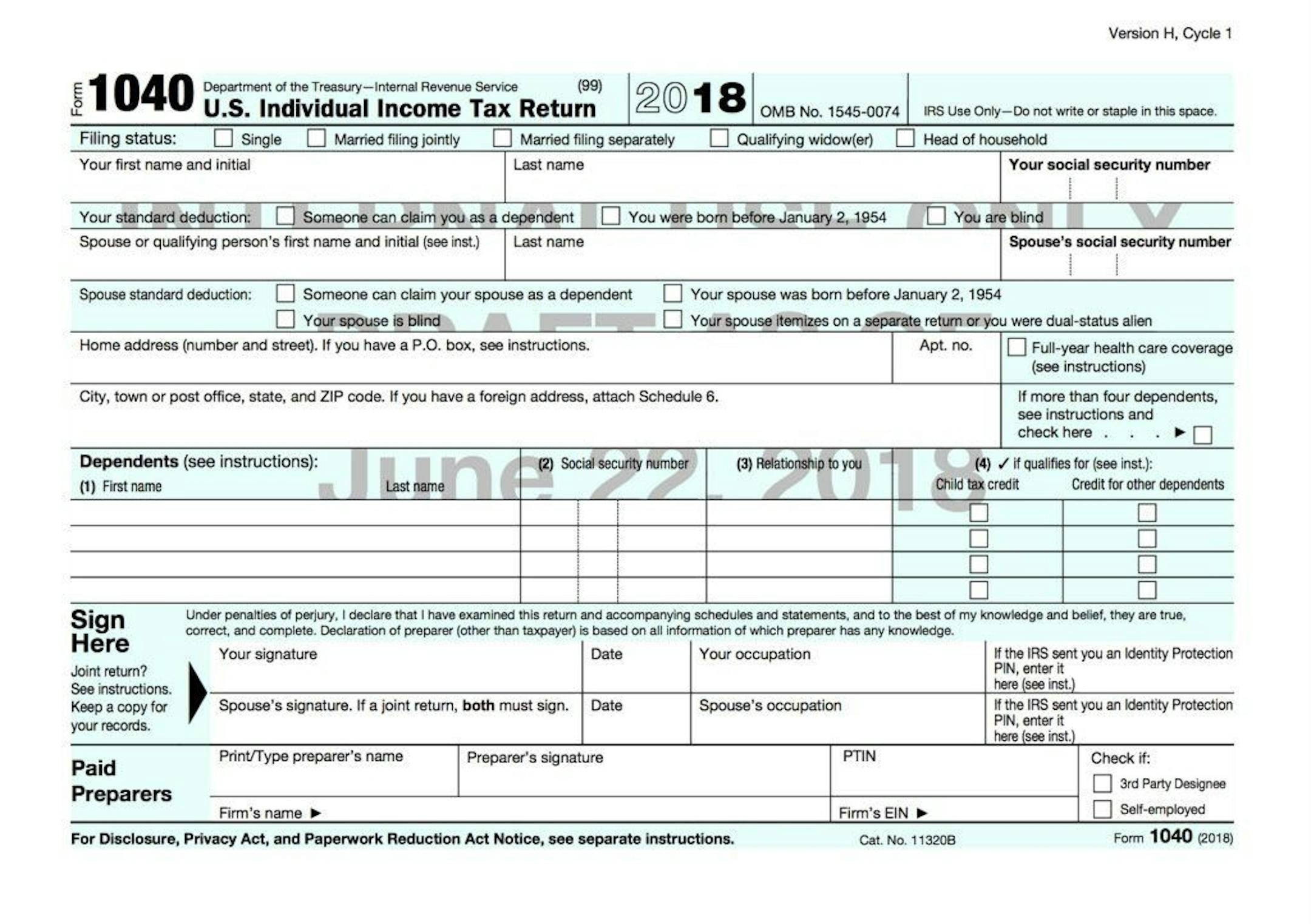 This image shows the front of the draft copy of the new 1040 income tax form. The draft given to The Associated Press by a staffer on the Ways & Means Committee shows that the form will be reduced from two full pages to one double-sided half page.
