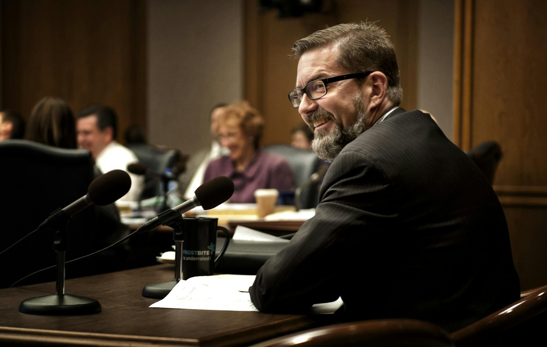 Senator Scott Dibble smiled after passage of his same sex marriage bill through the Senate Finance committee. The bill passed on a voice vote and now goes on to the House and Senate floors for debate. Tuesday, May 7, 2013 ] GLEN STUBBE * gstubbe@startribune.com