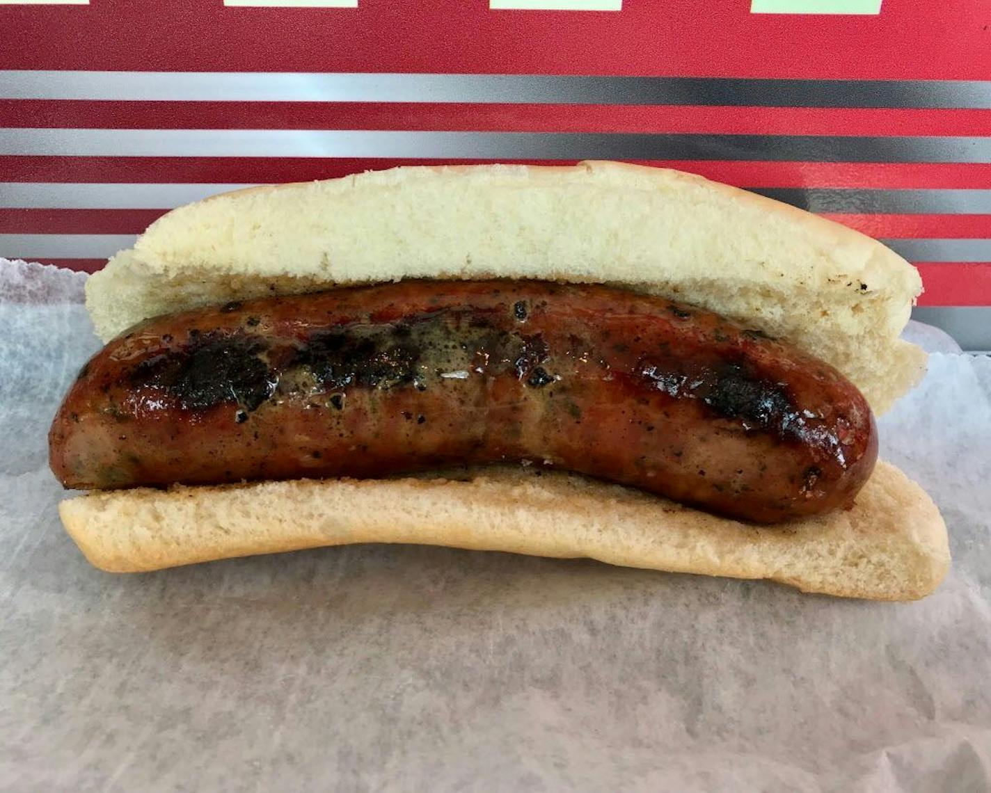 Zesty PB&J Sausage, Gass Station Grill, Carnes/Cooper, $6. Sure, the title is catchy, but everything else about this novelty-on-a-bun isn't. Skip it. Photo by Rick Nelson New food at the Minnesota State Fair 2018