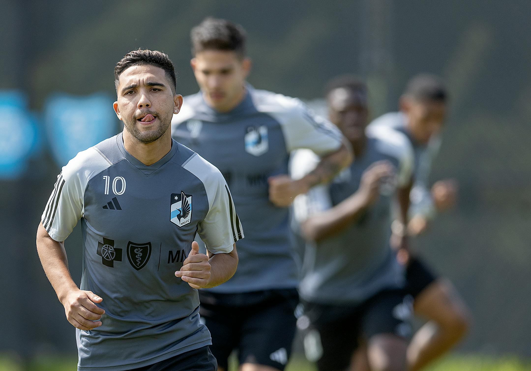Minnesota United midfielder Emanuel Reynoso practices at the National Sports Center in Blaine, Minn., on Thursday, May 25, 2023.