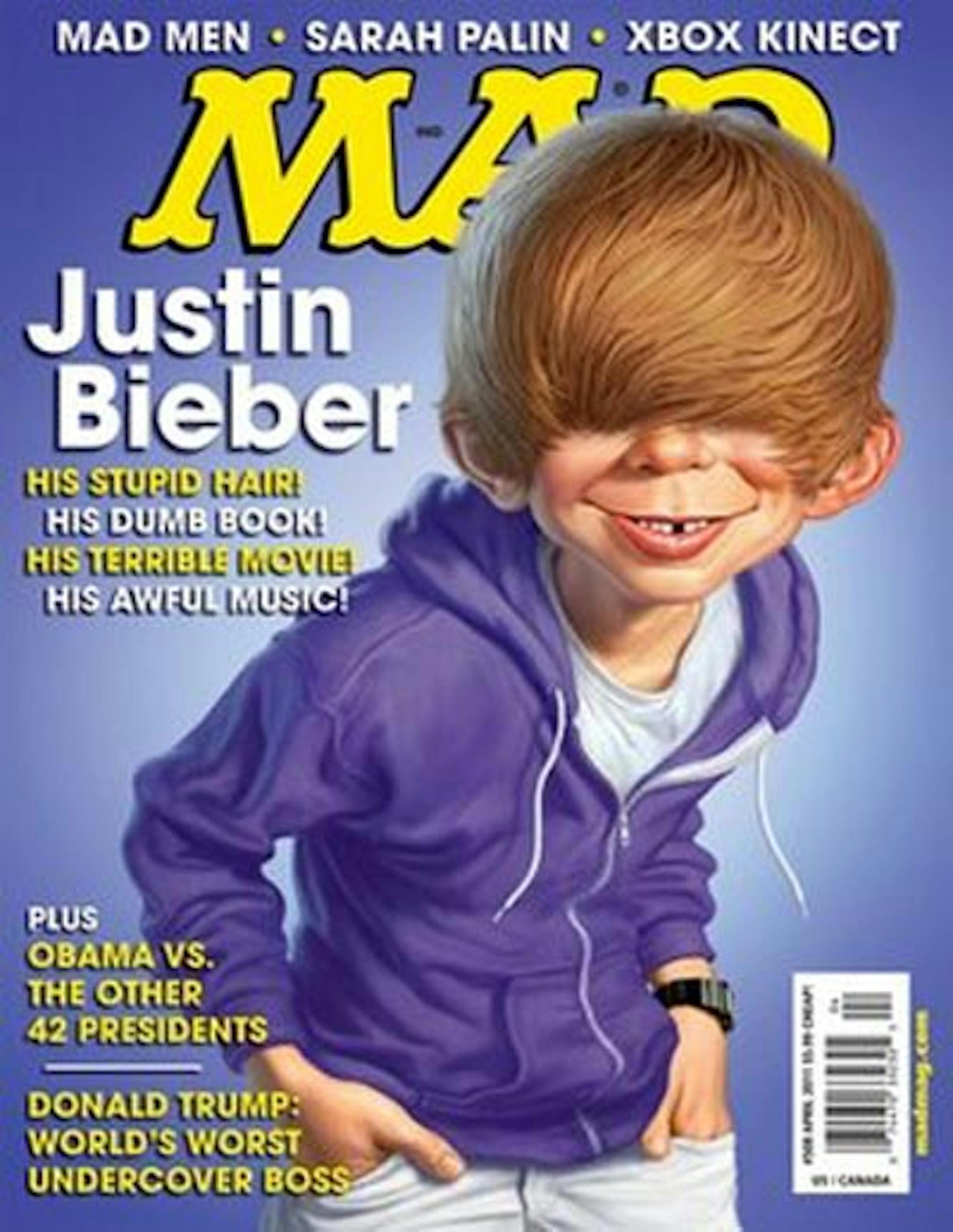 In this magazine cover image released by DC Comics, Alfred E. Neuman , the fictional cover boy of "Mad Magazine," is shown sporting a Justin Bieber haircut on the cover of the April 2011 edition, on sale Friday, Feb. 11, 2011. (AP Photo/DC Comics)