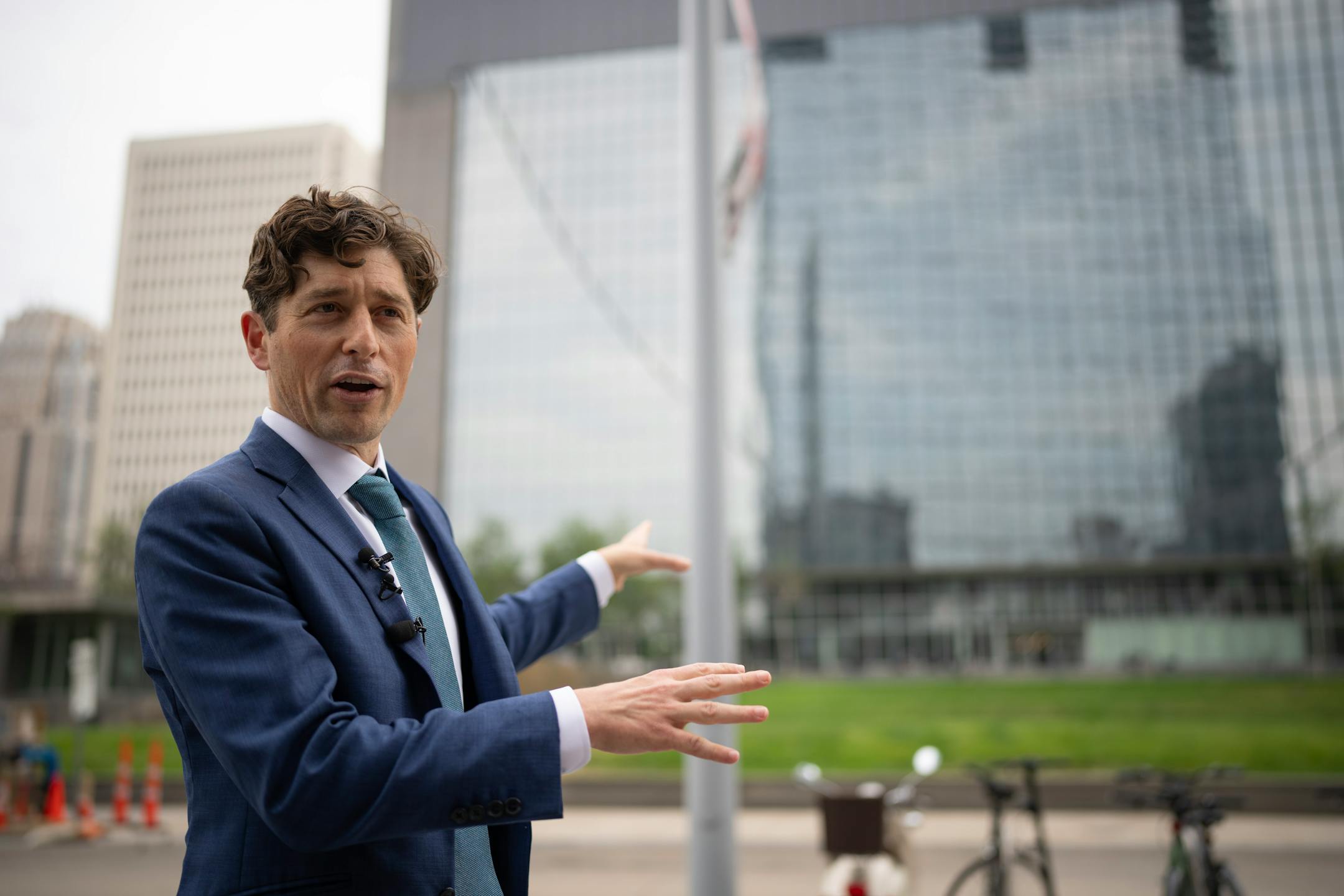 Minneapolis Mayor Jacob Frey led local media on a walking tour of a stretch of the Nicollet Mall that could see changes such becoming pedestrian-only. Before that he was joined at a news conference Tuesday, June 6, 2023 at Dayton's by members of his newly formed "Vibrant Downtown Storefronts Workgroup" to announce recommendations the group submitted to him.