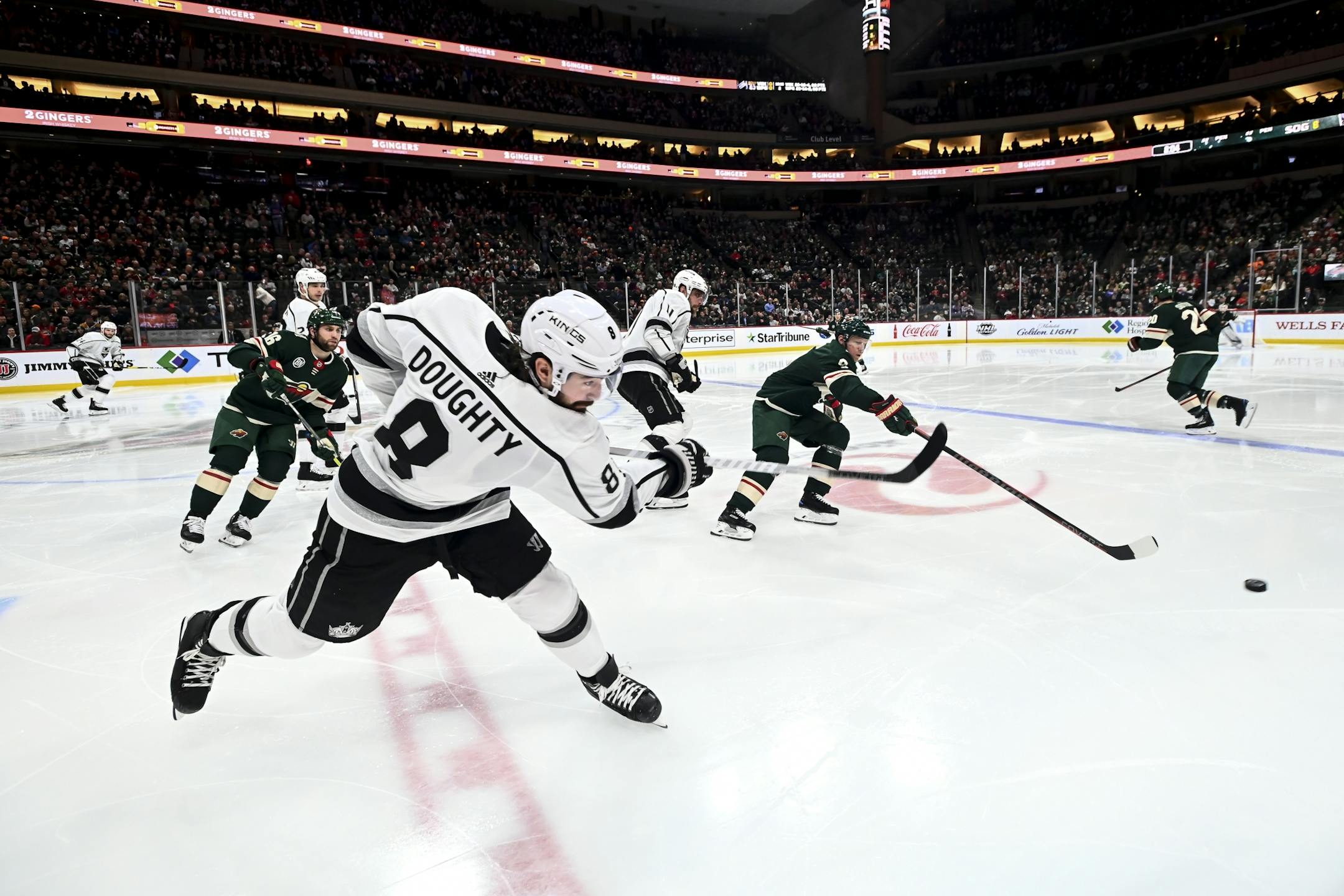 Los Angeles Kings defenseman Drew Doughty (8) passed the puck out of the neutral zone in the second period against the Minnesota Wild.