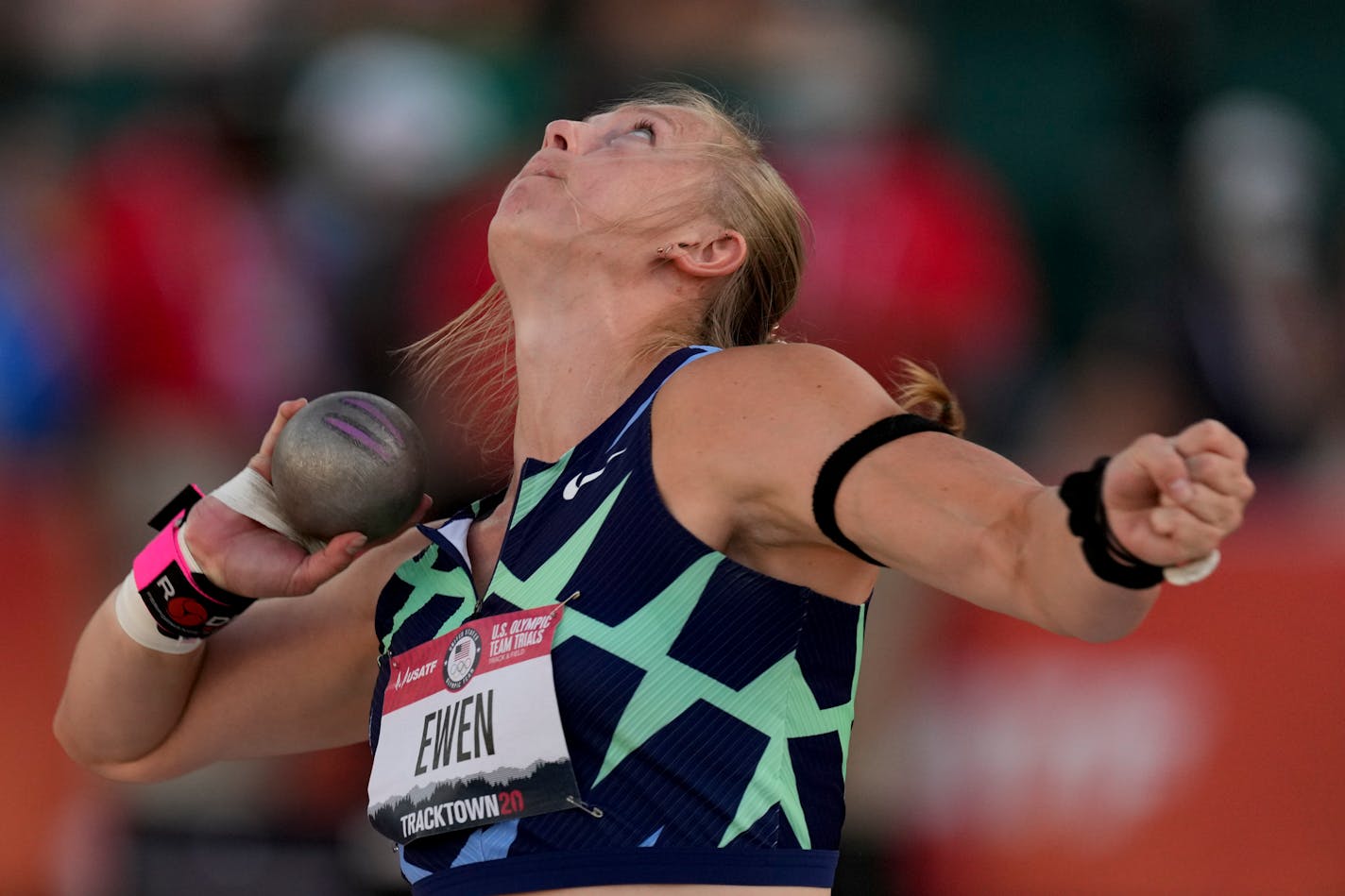 Maggie Ewen competes during the finals of the women's shot put at the U.S. Olympic Track and Field Trials Thursday, June 24, 2021, in Eugene, Ore. (AP Photo/Charlie Riedel)