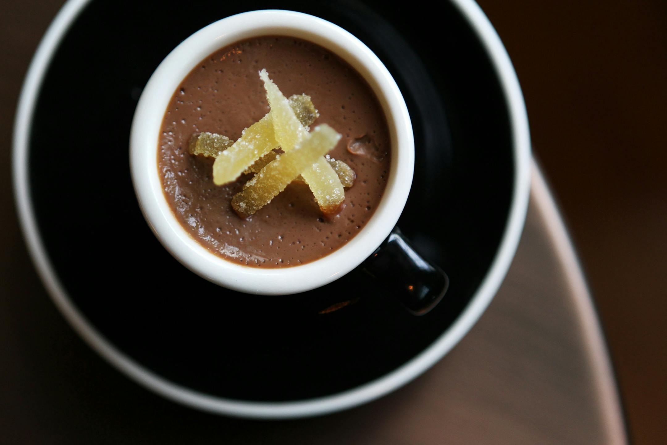 Chocolate ginger pots de creme with crystallized ginger at The Kenwood restaurant in Minneapolis November 14, 2012.