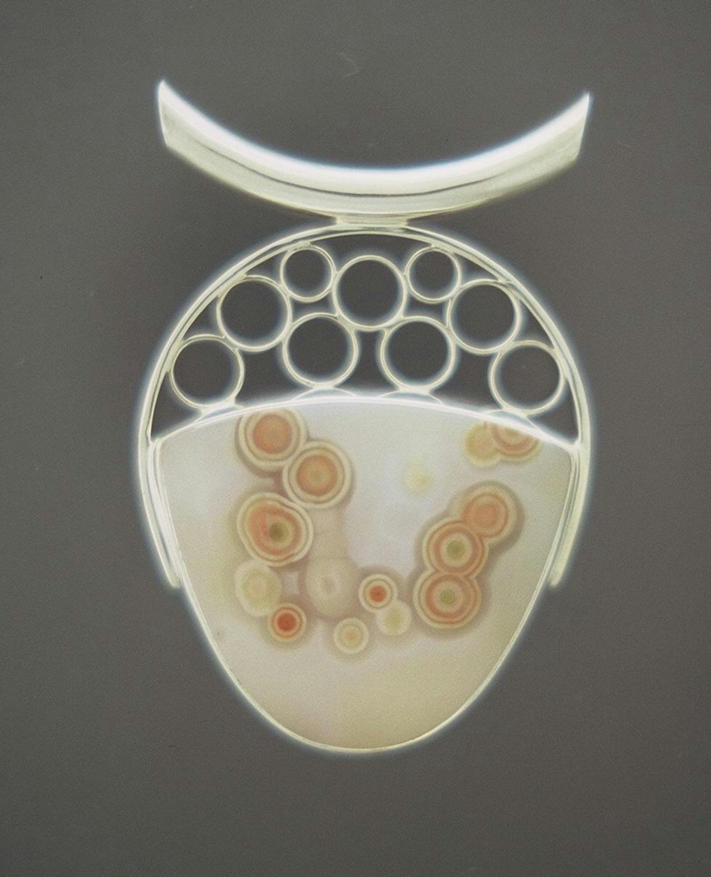 Gary Erickson, a silversmith and gemstone jewelry artist from Coon Rapids, goes to Arizona every year to buy his gemstones, looking for unusual agates, jaspers, fossil corals and even dinosaur bones. Here is one of his pendants.