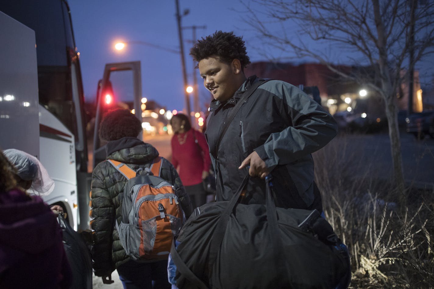 Damon Brown gathered with other students at the Northside Achievement Zone and boarded a bus for Washington D.C Wednesday March 21, 2018 in Minneapolis, MN.] The students will join students from across the country for the March for our lives on Saturday March 24. JERRY HOLT &#xef; jerry.holt@startribune.com