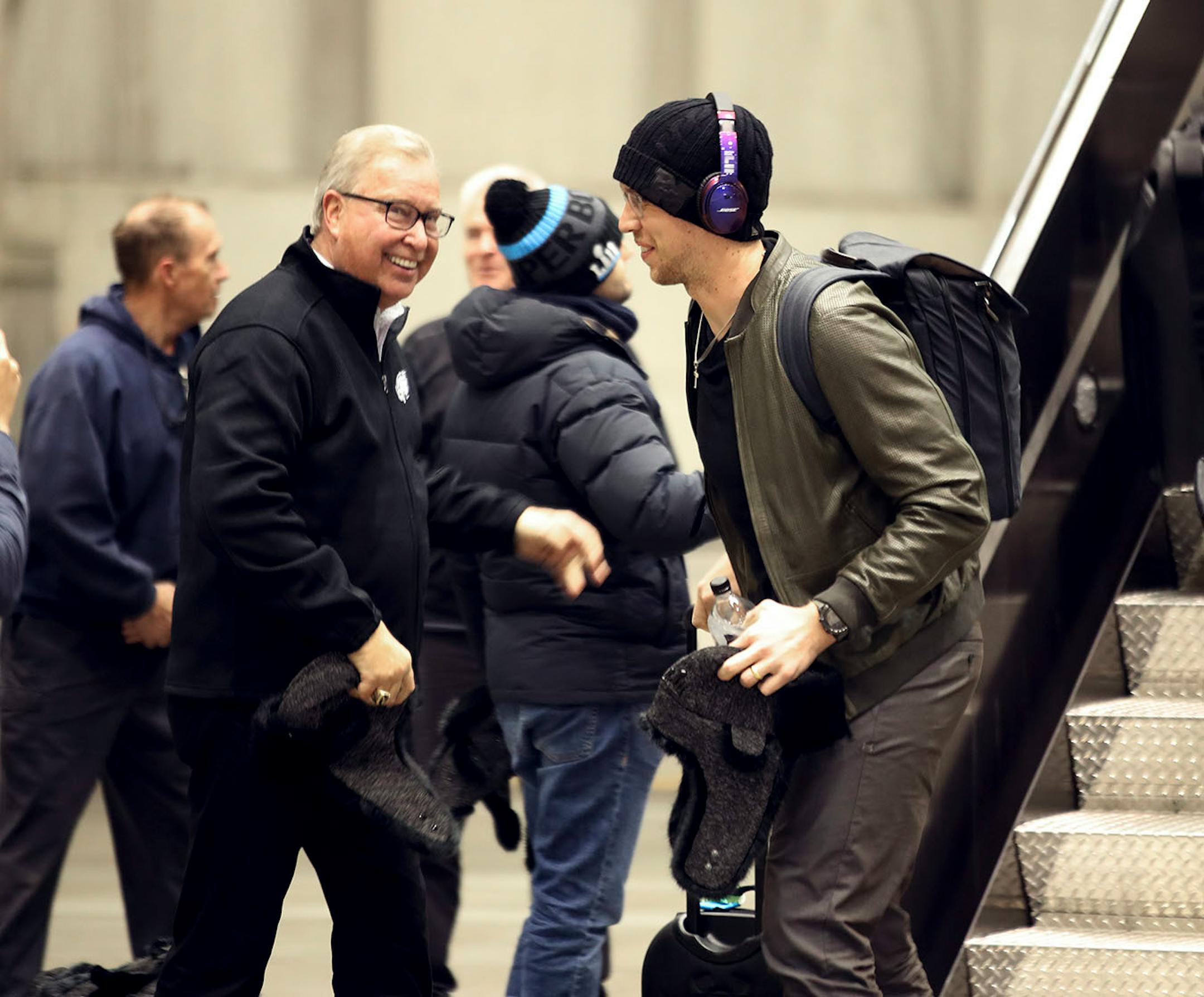 Philadelphia Eagles quarterback Nick Foles (9) right said hello to former Eagles quarterback Ron Jaworski as the NFC Champions Philadelphia Eagles arrived at MSP Airport Delta Airlines Maintenance Hangars 7 & 8 Sunday January 28, 2017 in St. Paul, MN.