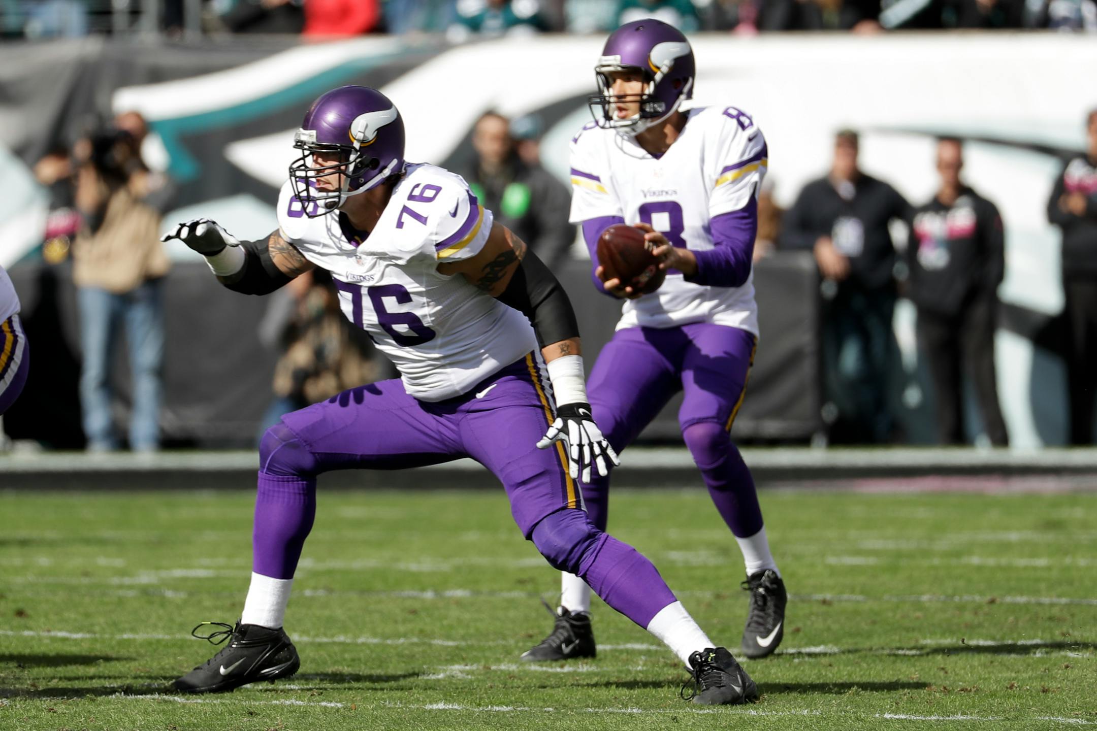 Vikings offensive guard Alex Boone (76), along with linebacker Eric Kendricks and defensive tackle Tom Johnson, were unable to practice Wednesday because of brain injuries. Boone was the only player announced to have a concussion during the Vikings' 20-10 loss to the Bears on Monday night.