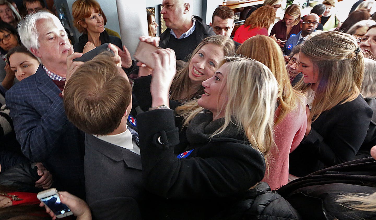 Chelsea Clinton posed for photographs with caucus-goers follower her remarks and a question-and-answer session. ] JIM GEHRZ &#xef; james.gehrz@startribune.com / Minneapolis, MN / February 3, 2016 /12:15 PM &#xf1; BACKGROUND INFORMATION: Chelsea Clinton will make her first campaign swing through Minnesota to help build support for her mother campaign ahead of the March 1st caucuses. Clinton will attend organizing events in Minneapolis-St. Paul to talk to caucus-goers. Woman for Hillary organizing