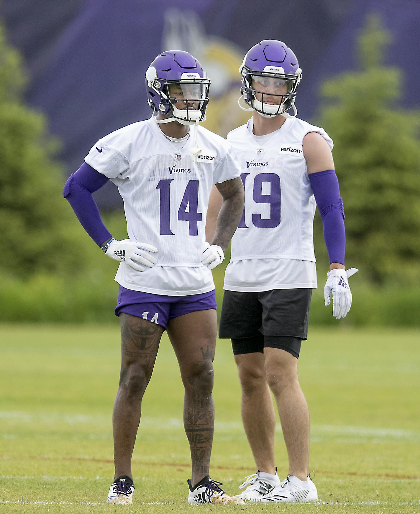 Minnesota Vikings wide receivers Stefon Diggs, left, and Adam Thielen, right, ran through drills during practice at the TCO Performance Center, Wednesday, May 29, 2019 in Eagan, MN. ] ELIZABETH FLORES &#x2022; liz.flores@startribune.com