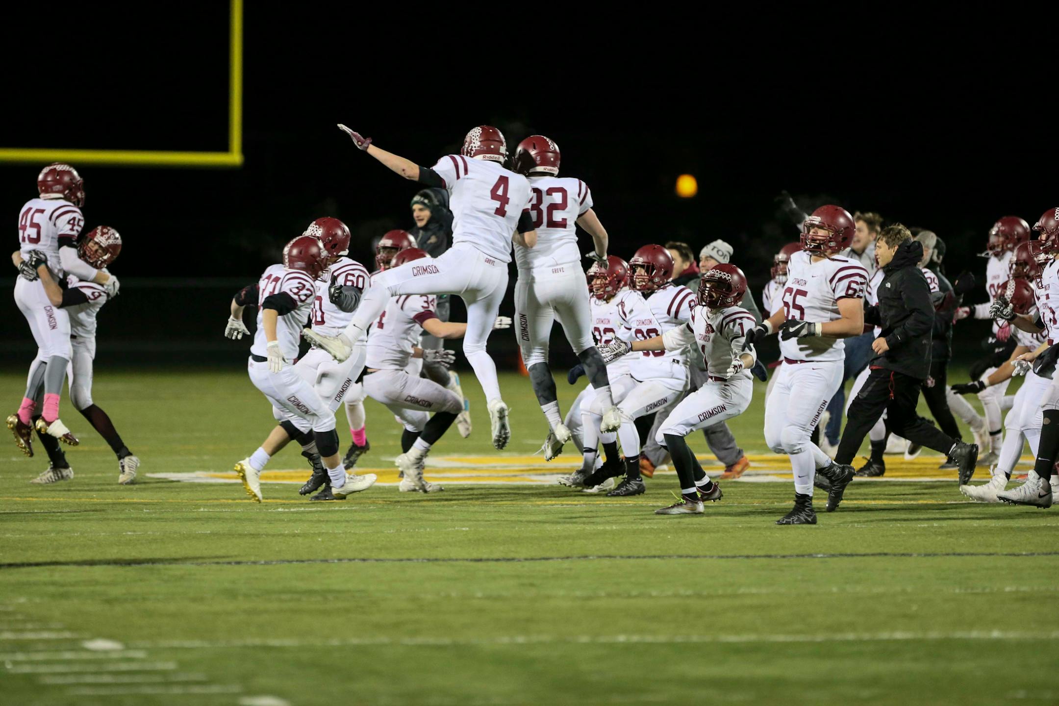 Maple Grove players celebrated an incredible comeback win against St. Michael-Albertville 29-27. ] RENEE JONES SCHNEIDER ï renee.jones@startribune.com Class 6A quarterfinals between St. Michael-Albertville and Maple Grove on Thursday, November 9, 2017, in Brooklyn Park, Minn.