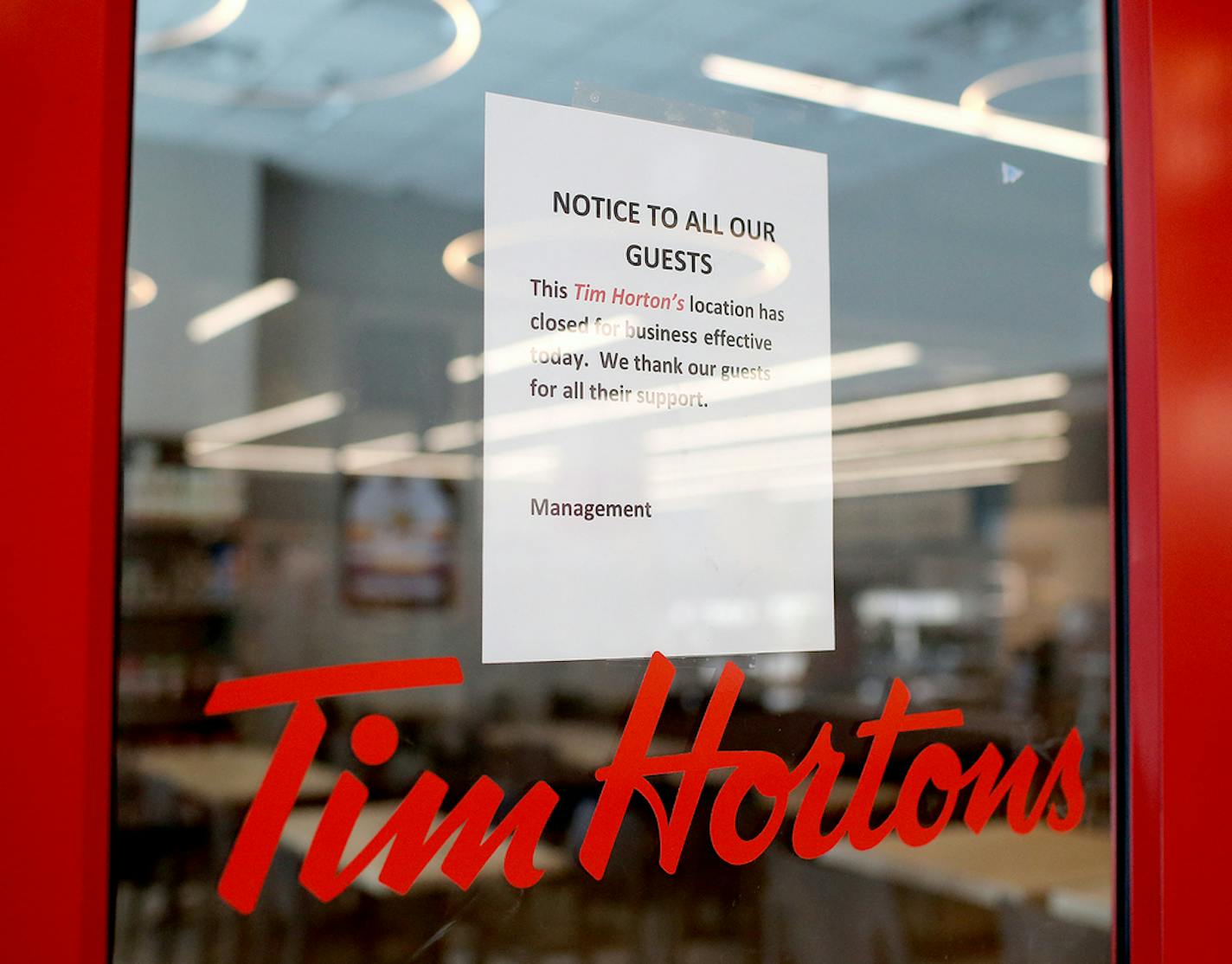 Tim Horton's has reportedly shuttered its Minnesota coffee and doughnut shops, including this one in the Treasure Island Center Friday, May 3, 2019, in St. Paul, MN.] DAVID JOLES &#x2022;david.joles@startribune.com Tim Horton's has reportedly shuttered its Minnesota coffee and doughnut shops