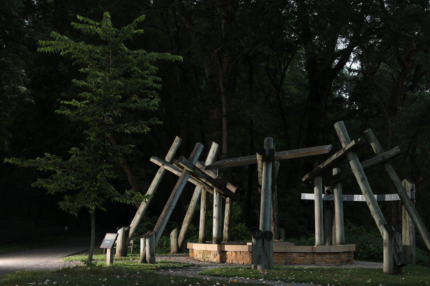 The memorial to the Dakota people sits near the visitors center at Fort Snelling State Park.