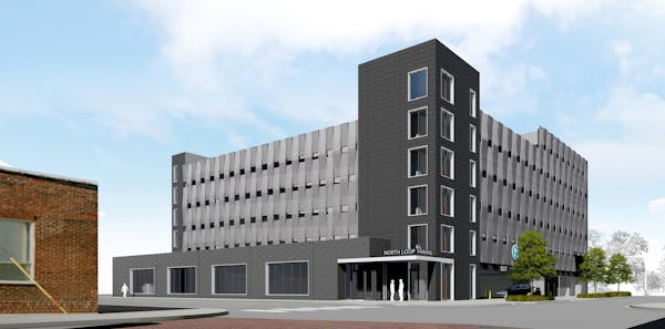 A new 360-stall parking ramp is being planned in the North Loop. Courtesy UrbanWorks Architecture