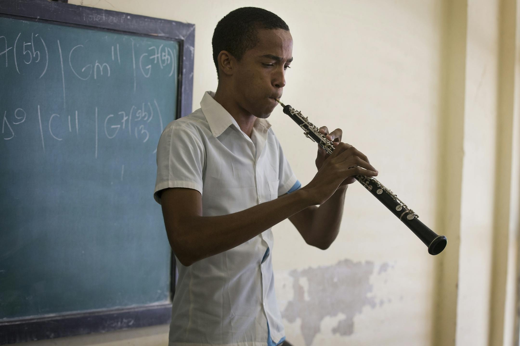 Obo player Guillermo Rojas Baluerdes, a student at the Escuela Nacional de Musica, plays for members of the Minnesota Orchestra during a school visit in Havana, Cuba on Thursday, May 14, 2015.