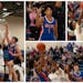 Clockwise from left: Kyle Jorgensen lifted a short shot against Minneapolis North on Wednesday; Armoni Dischinger-Harris celebrated a three-pointer; A