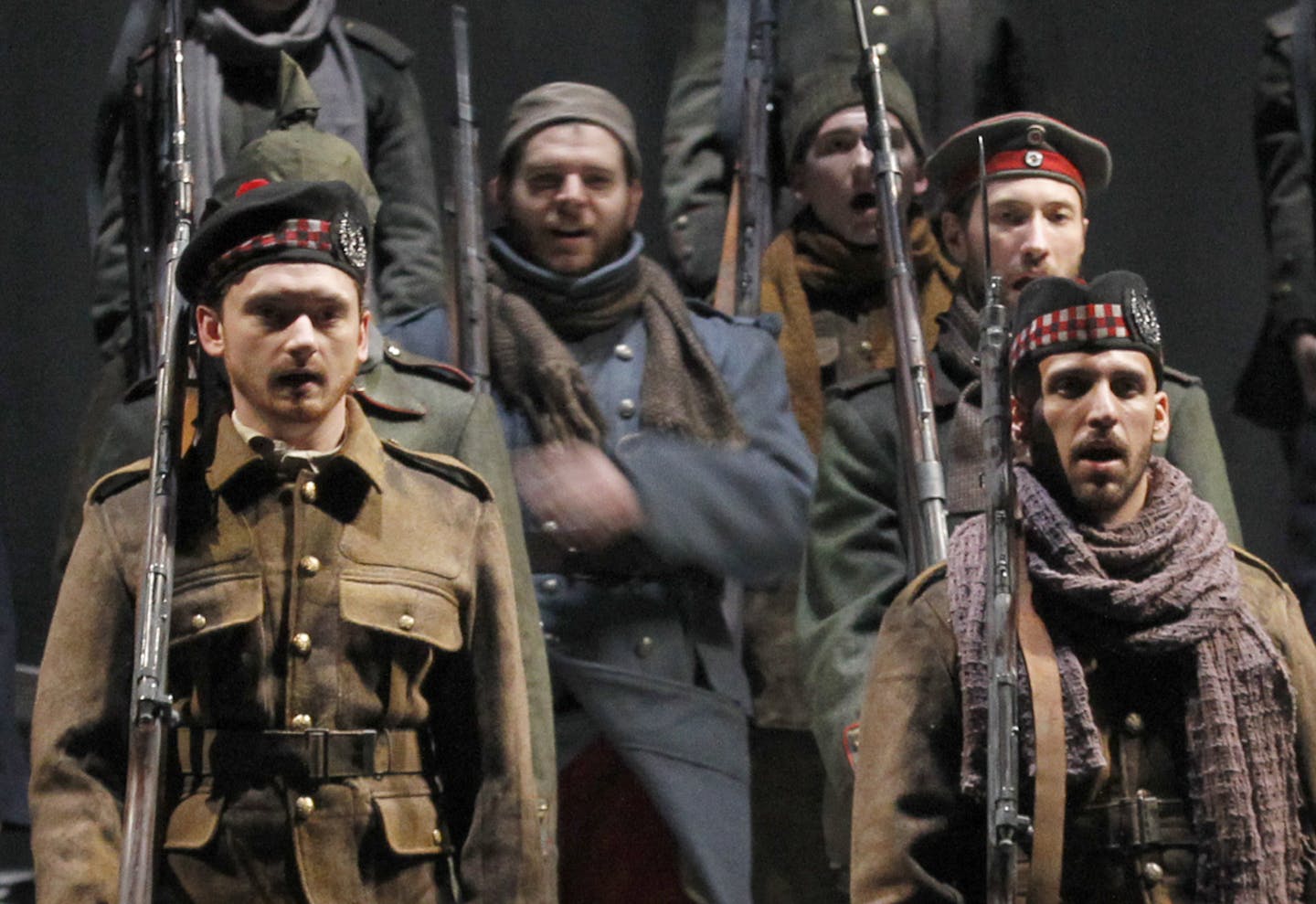 The battle scene. The Minnesota Opera. is staging a the world premiere of the Opera , Silent Night, at the Ordway in St. Paul, MN. The first day on the set for tech week by a cast of 75 plus 75 in the pit. [ TOM WALLACE &#x201a;&#xc4;&#xa2; twallace@startribune.com _ Assignment _#20020470A__November 5, 2011_ SLUG: class1111_ EXTRA INFORMATION: CQ&#x201a;&#xc4;&#xf4;ed by hand-out.