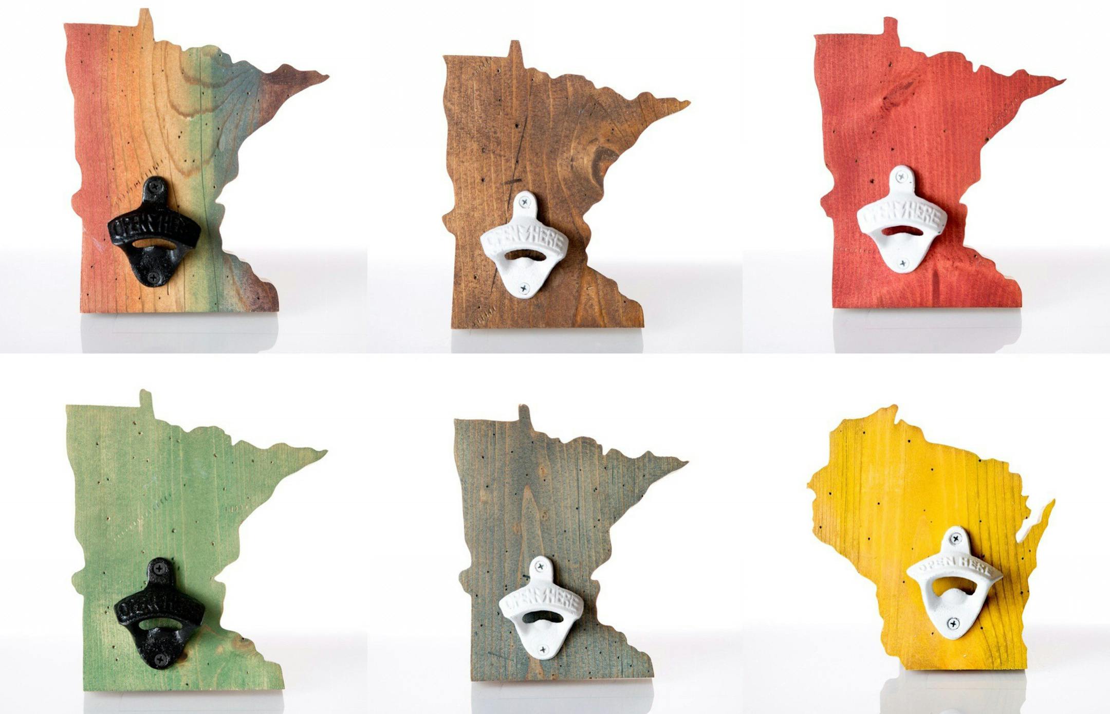 Bottle openers, mounted on Minnesota-shaped wood plaques, from Hagen & Oats.