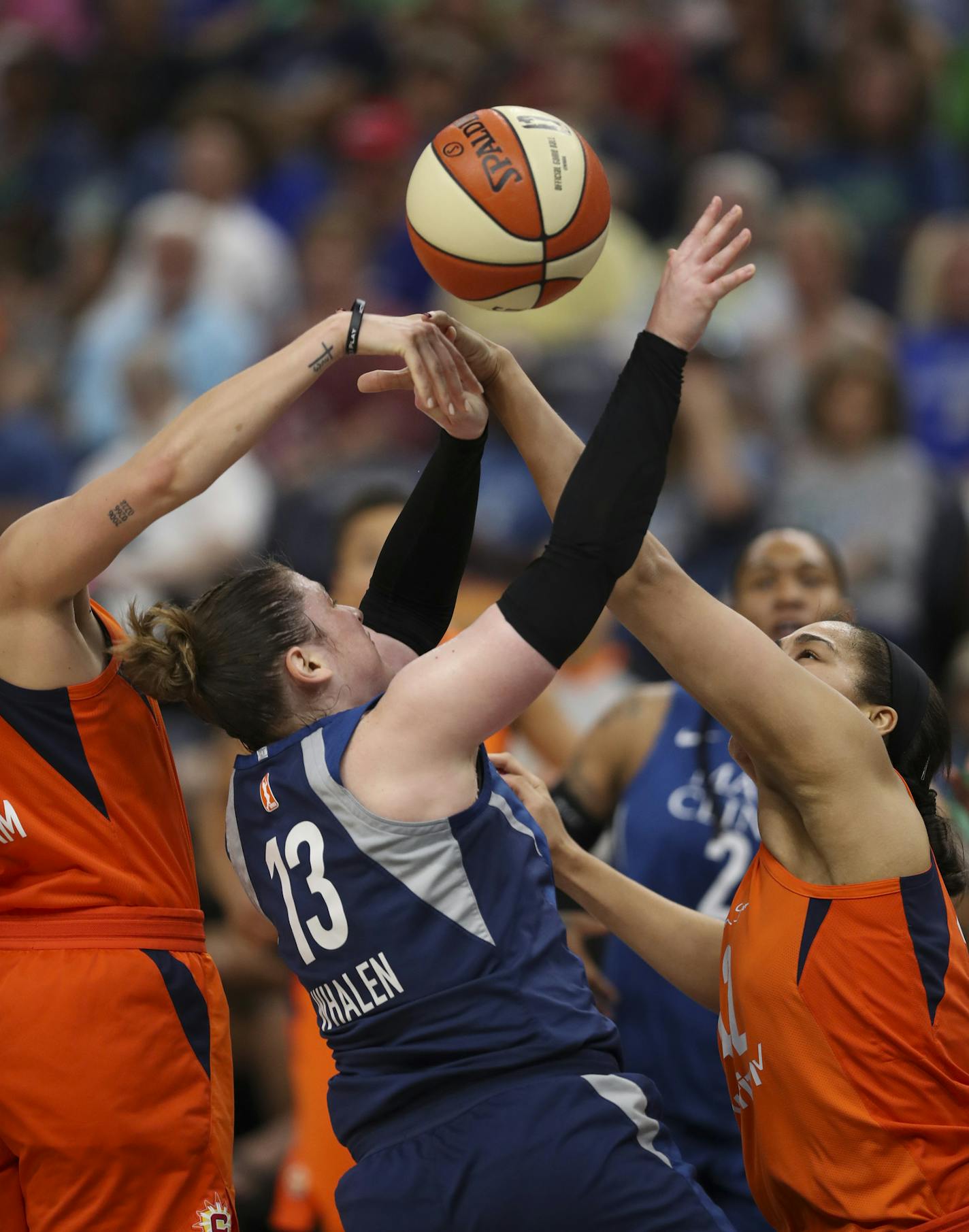 Minnesota Lynx guard Lindsay Whalen (13) was shut down while trying to shoot in the second quarter. ] JEFF WHEELER &#xef; jeff.wheeler@startribune.com The Minnesota Lynx faced the Connecticut Sun in an WNBA game Sunday night, July 15, 2018 at Target Center in Minneapolis.