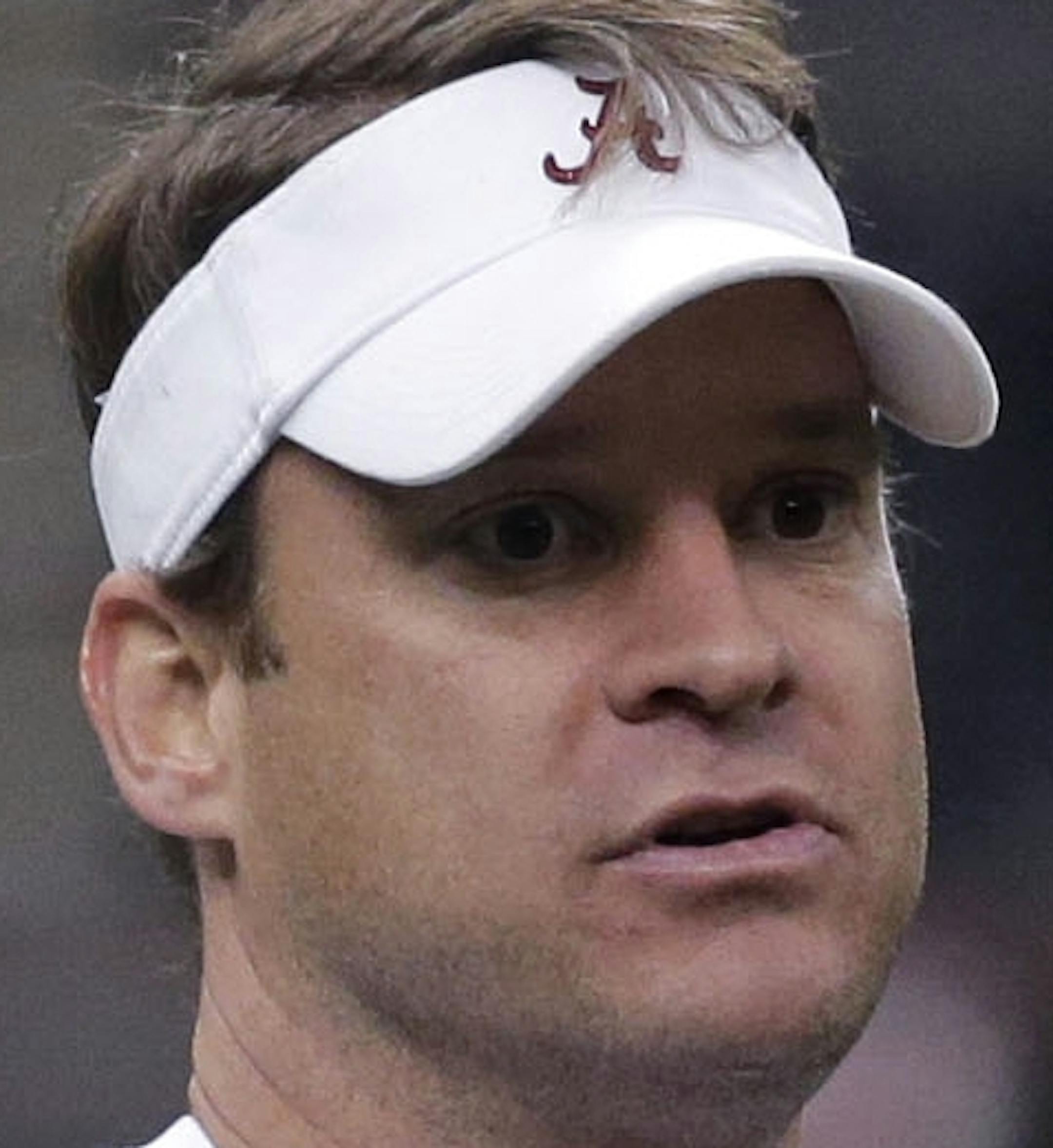 Alabama offensive coordinator Lane Kiffin runs drills during practice at the Mercedes-Benz Superdome in New Orleans, Monday, Dec. 29, 2014. They will square off against Ohio State in the Allstate Sugar Bowl NCAA football game, which will be played Jan. 1, 2015. (AP Photo/Gerald Herbert) ORG XMIT: MIN2015012418393199