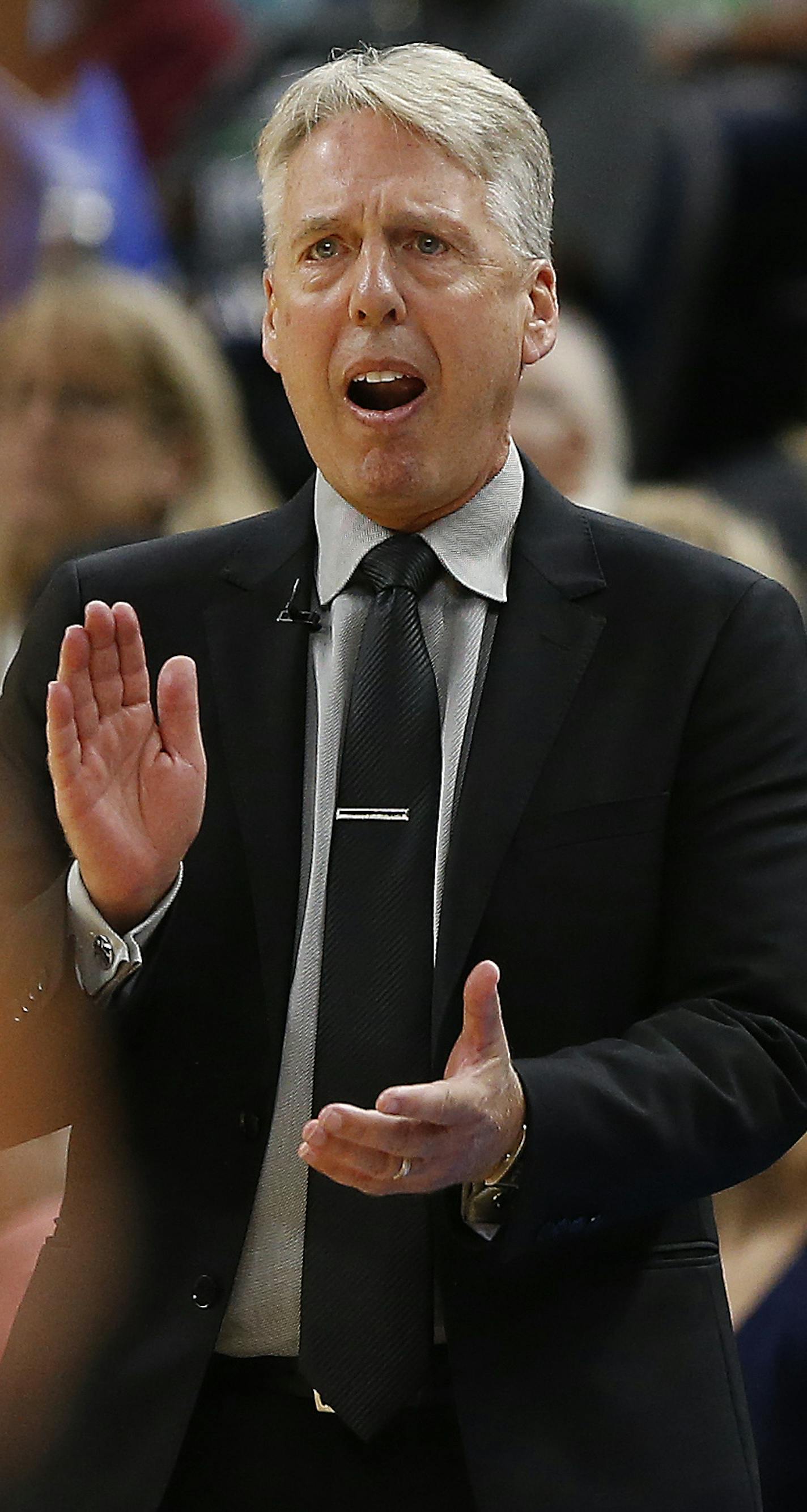 Los Angeles Sparks head coach Brian Agler looks out to his team in the second half of Game 1 of the WNBA basketball finals against the Minnesota Lynx, Sunday, Oct. 9, 2016, in Minneapolis. Los Angeles won 78-76. (AP Photo/Stacy Bengs) ORG XMIT: MIN2016101818274334