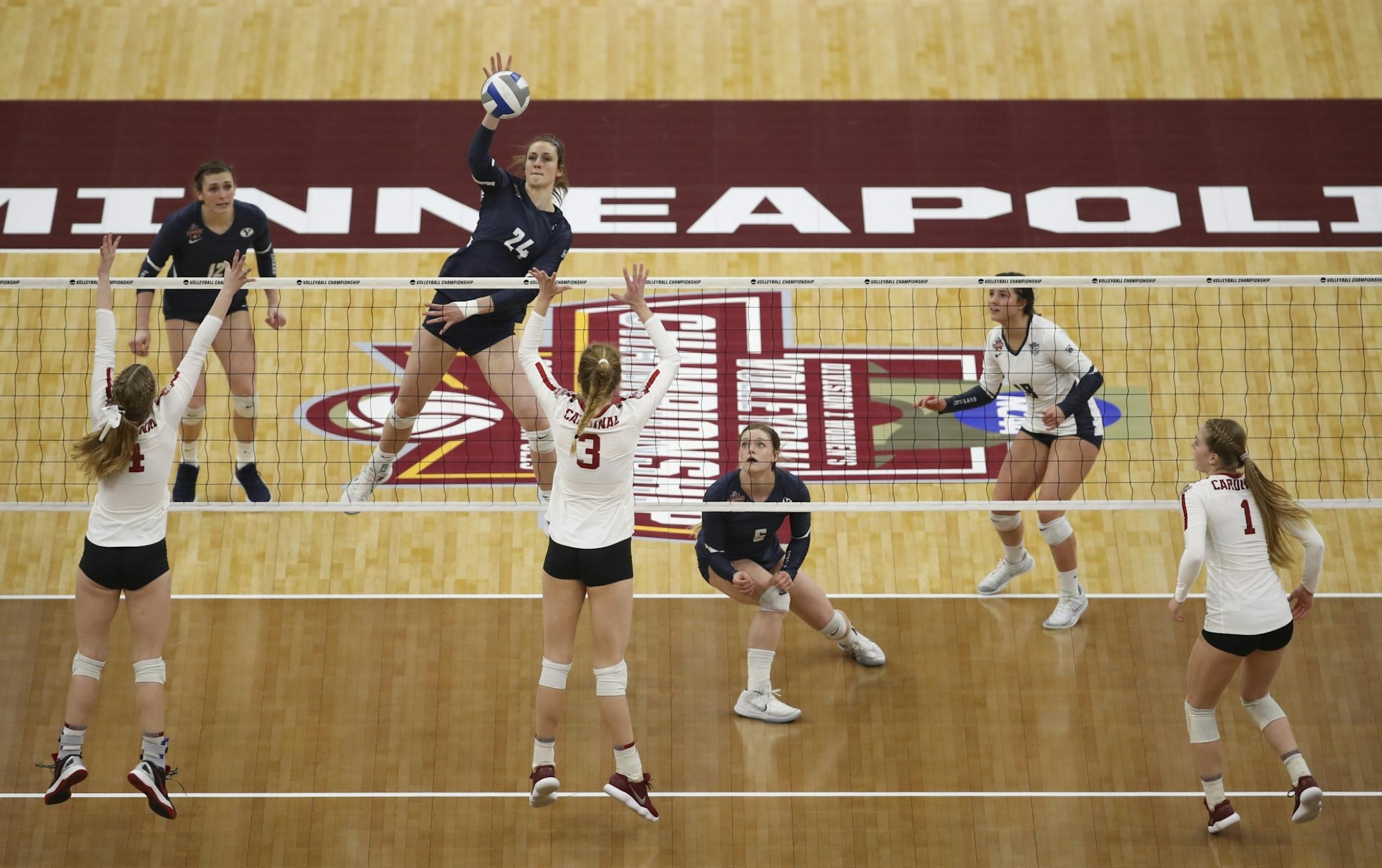 BYU's Kennedy Eschenberg spiked the ball in the second set against Stanford.